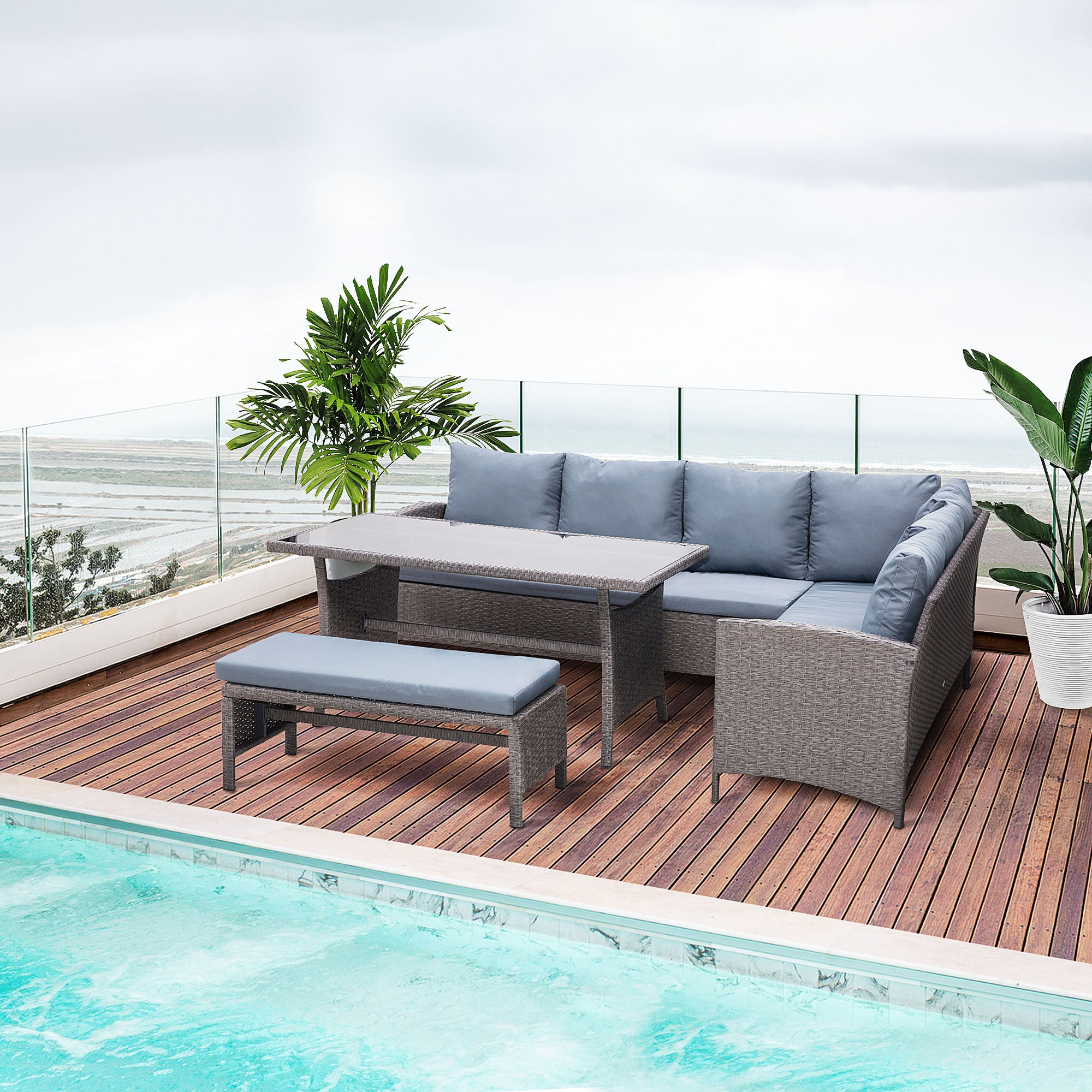 Outsunny 4 Pieces Patio Furniture Set, Outdoor Dinning Set Rattan Wicker Furniture With L shaped Long Sofa, Dining Table and  Bench for Backyard Garden Poolside Balcony- Grey