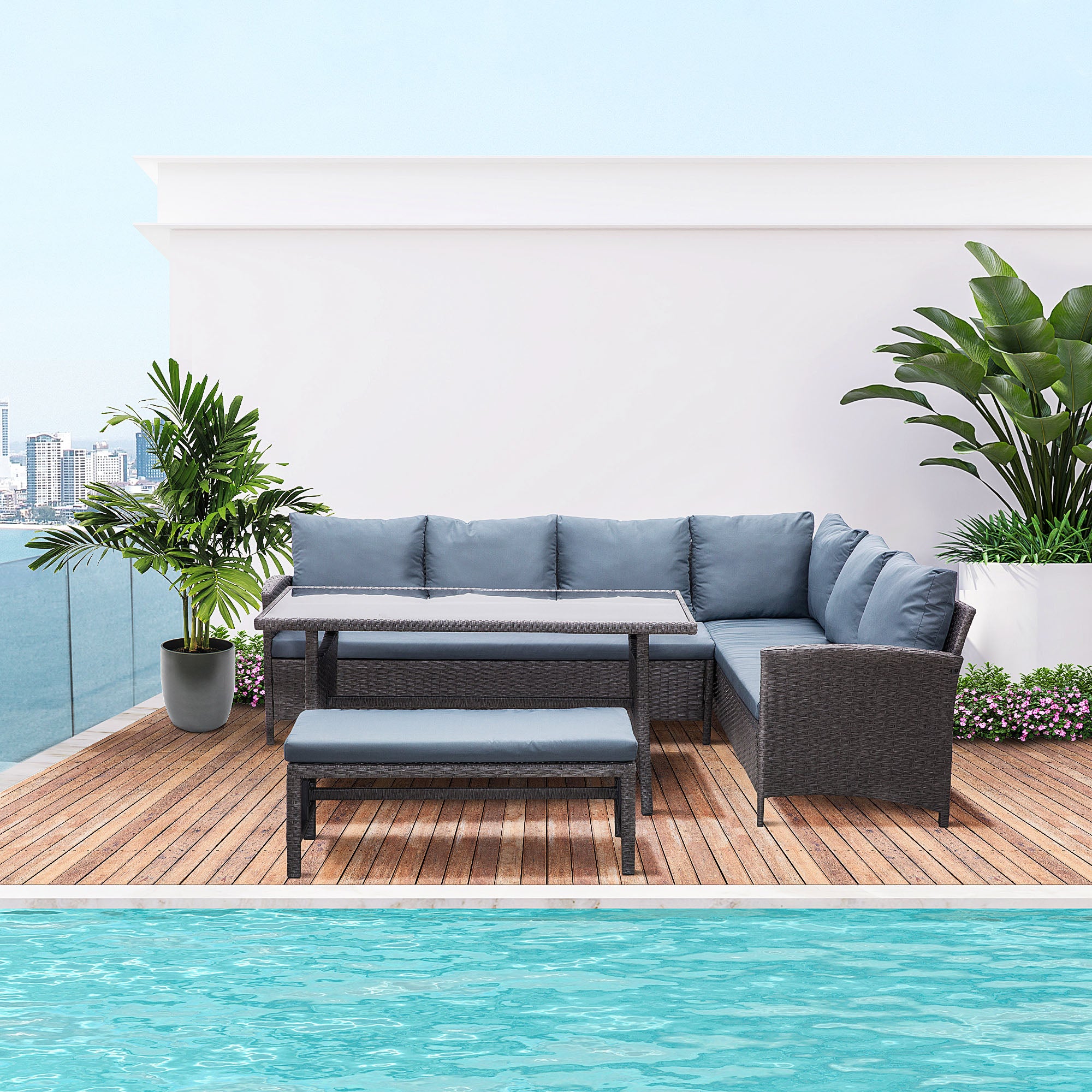 Outsunny 4 Pieces Patio Furniture Set, Outdoor Dinning Set Rattan Wicker Furniture With L shaped Long Sofa, Dining Table and  Bench for Backyard Garden Poolside Balcony- Grey