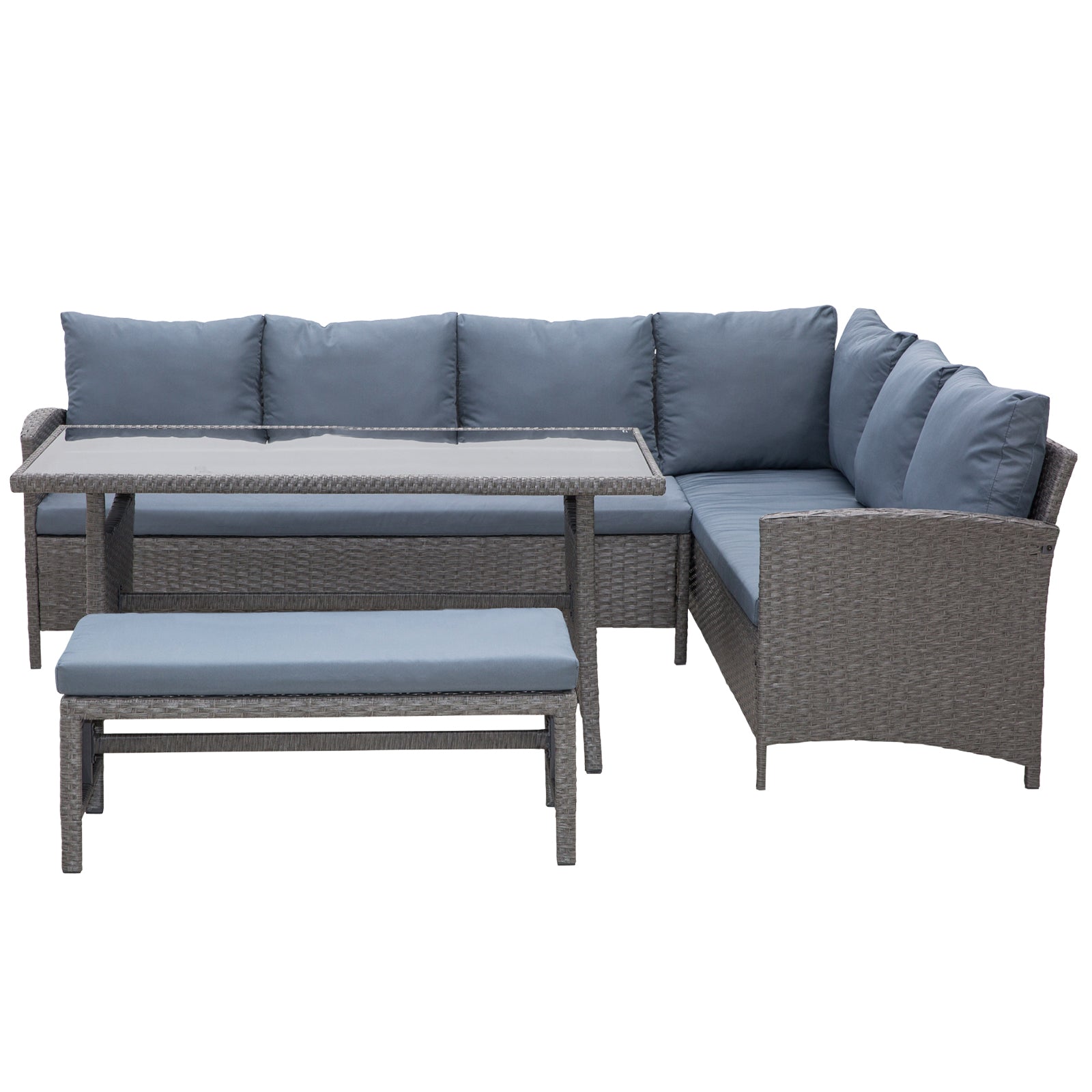 Outsunny 4 Pieces Patio Furniture Set, Outdoor Dinning Set Rattan Wicker Furniture With L shaped Long Sofa, Dining Table and  Bench for Backyard Garden Poolside Balcony- Grey