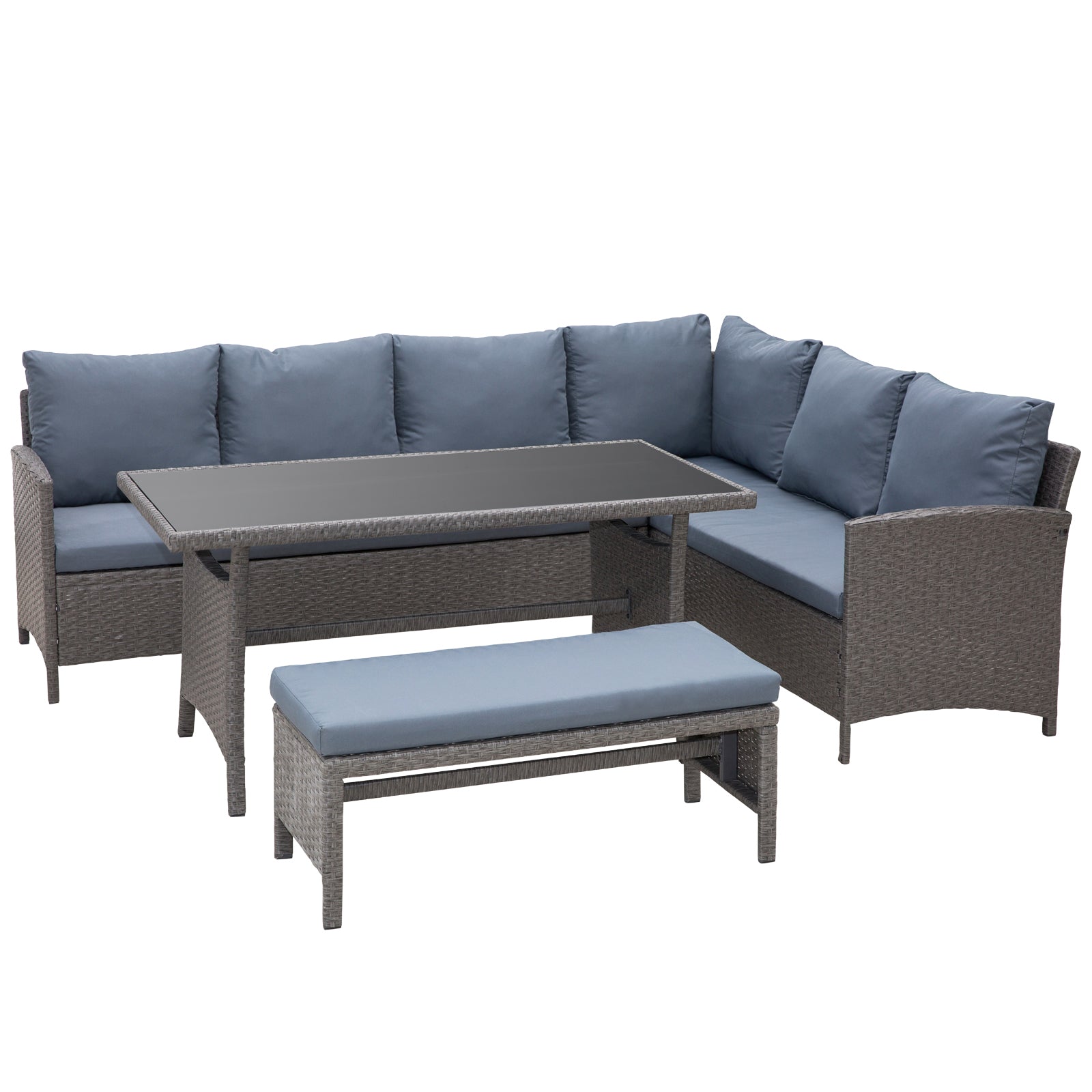 Outsunny 4 Pieces Patio Furniture Set, Outdoor Dinning Set Rattan Wicker Furniture With L shaped Long Sofa, Dining Table and  Bench for Backyard Garden Poolside Balcony- Grey