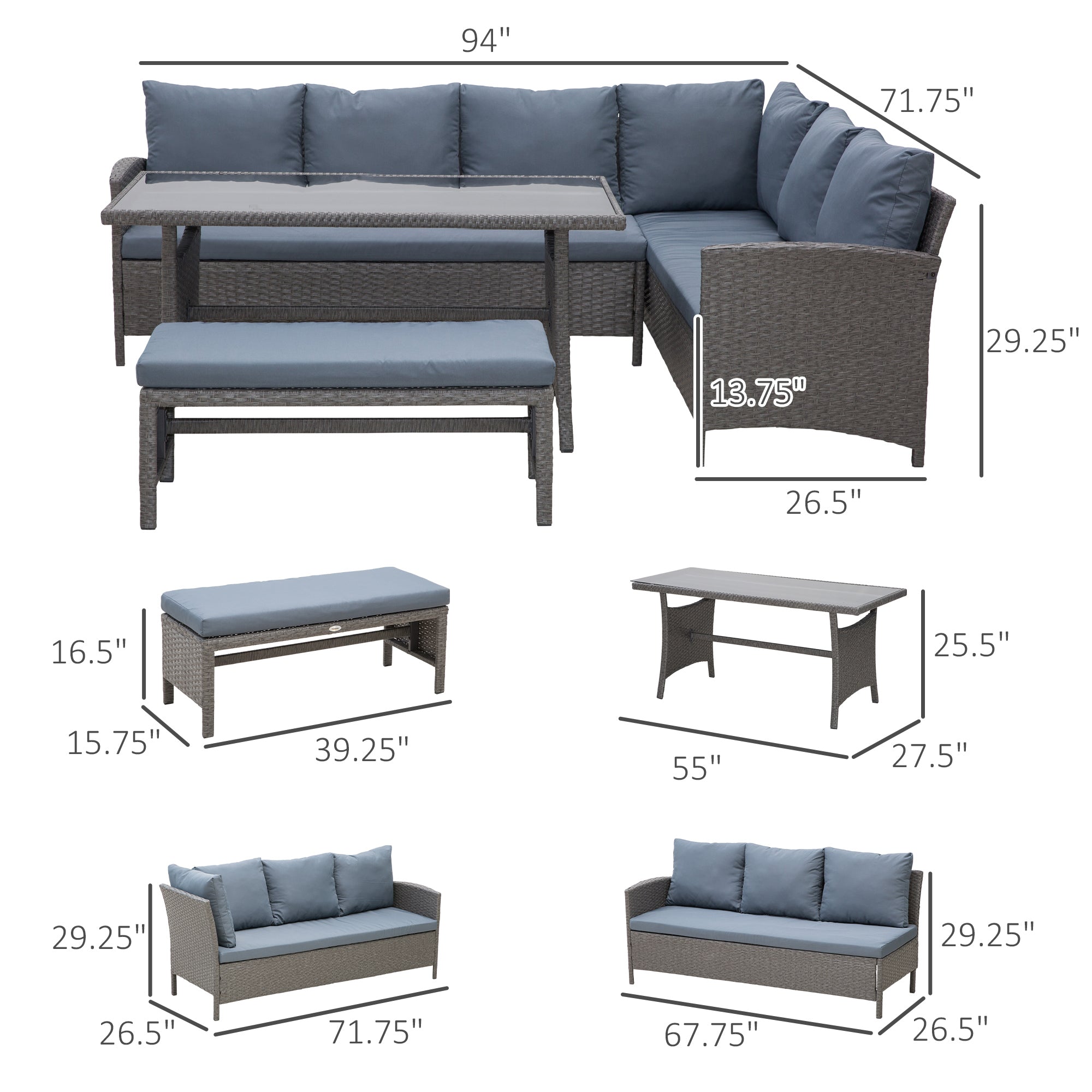 Outsunny 4 Pieces Patio Furniture Set, Outdoor Dinning Set Rattan Wicker Furniture With L shaped Long Sofa, Dining Table and  Bench for Backyard Garden Poolside Balcony- Grey