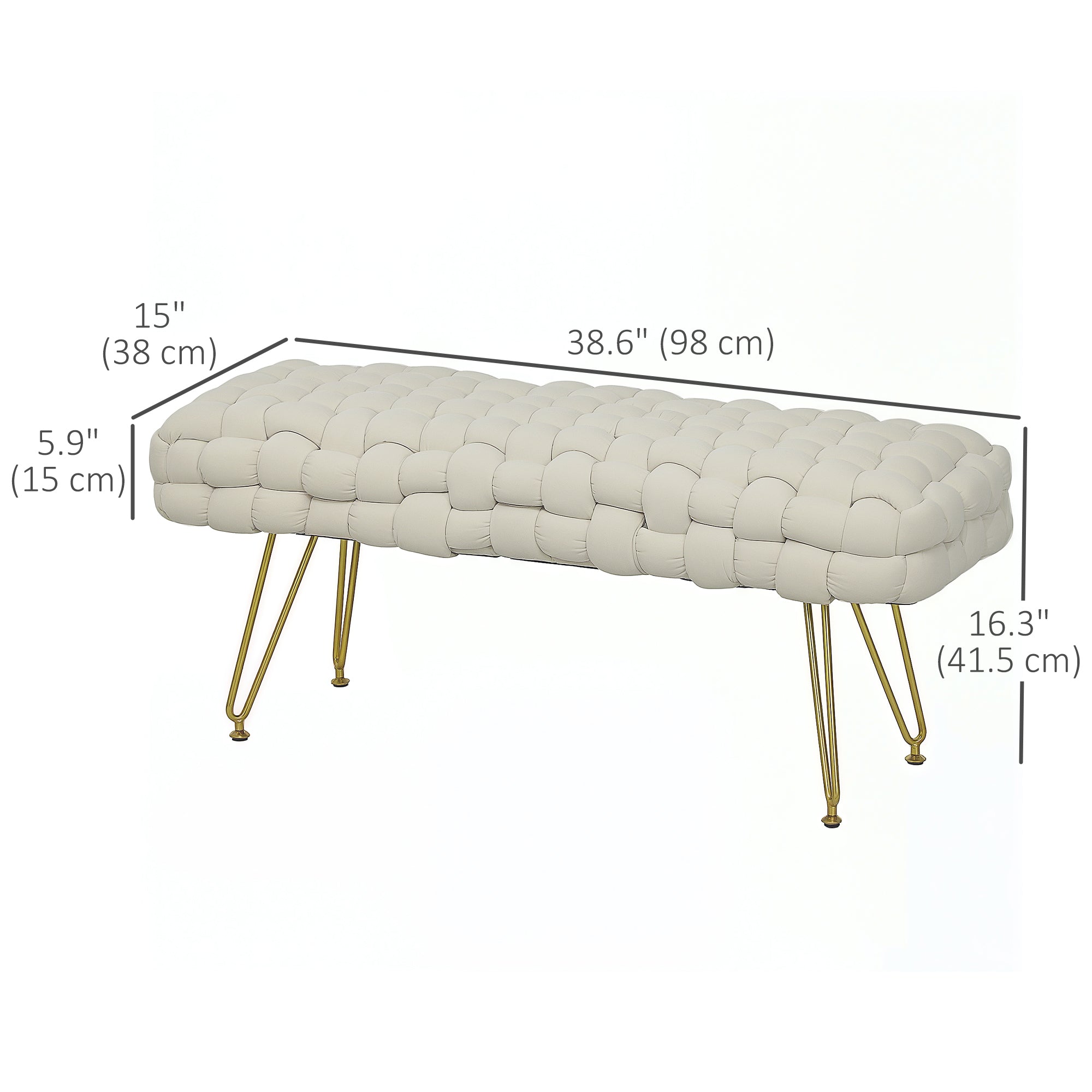 HOMCOM Woven Upholstered Bedroom Bench, 39" Modern Velvet End of Bed Bench with Gold Hairpin Legs for Entryway, Living Room, Cream White