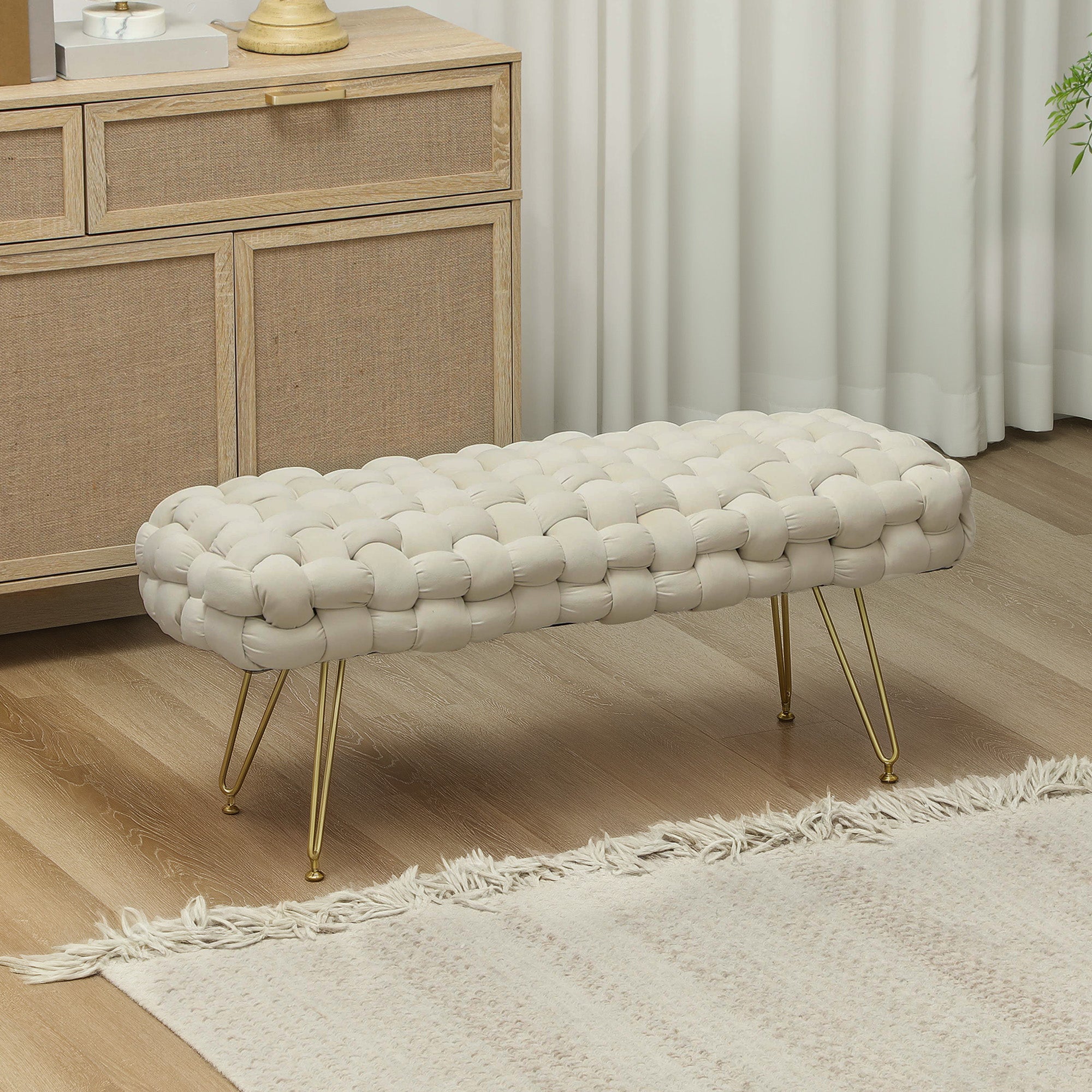 HOMCOM Woven Upholstered Bedroom Bench, 39" Modern Velvet End of Bed Bench with Gold Hairpin Legs for Entryway, Living Room, Cream White