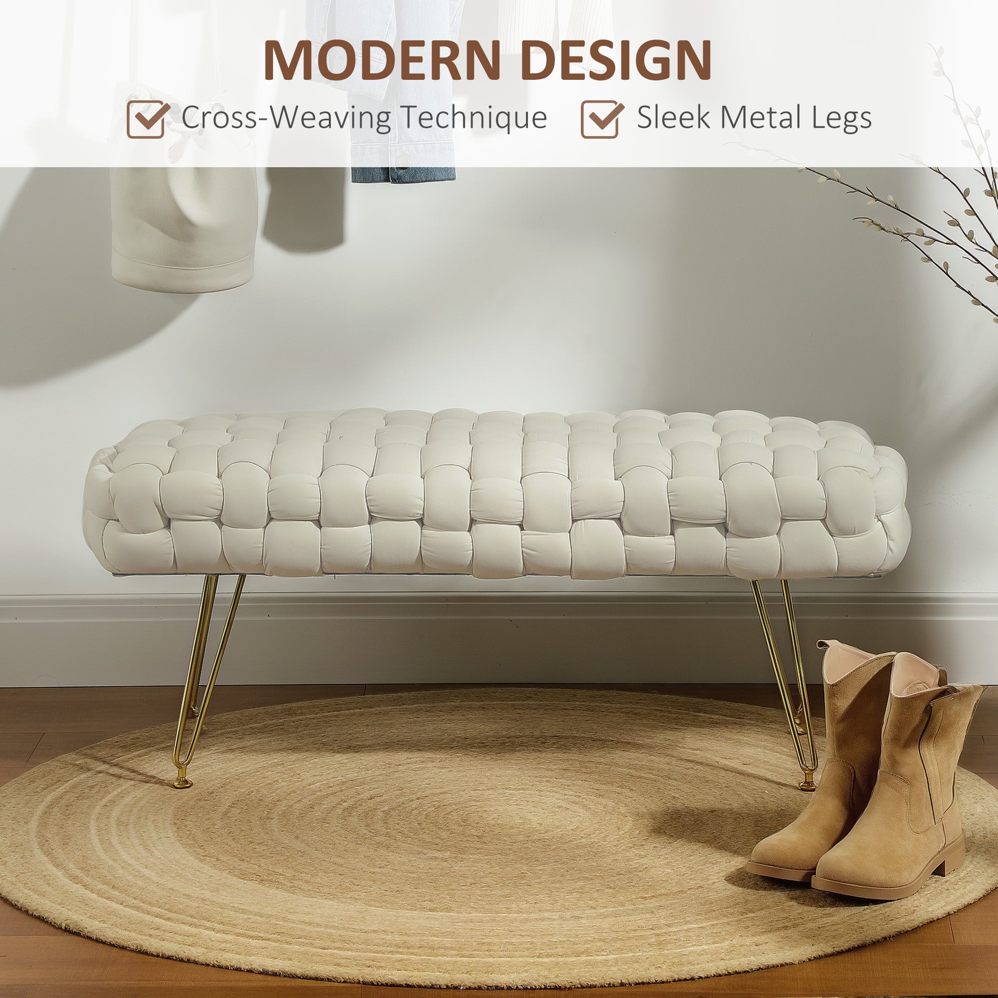 HOMCOM Woven Upholstered Bedroom Bench, 39" Modern Velvet End of Bed Bench with Gold Hairpin Legs for Entryway, Living Room, Cream White