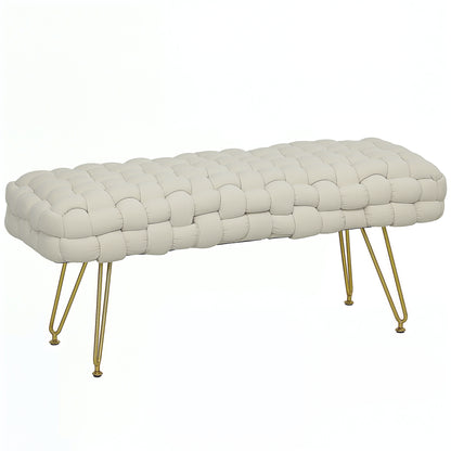 HOMCOM Woven Upholstered Bedroom Bench, 39" Modern Velvet End of Bed Bench with Gold Hairpin Legs for Entryway, Living Room, Cream White