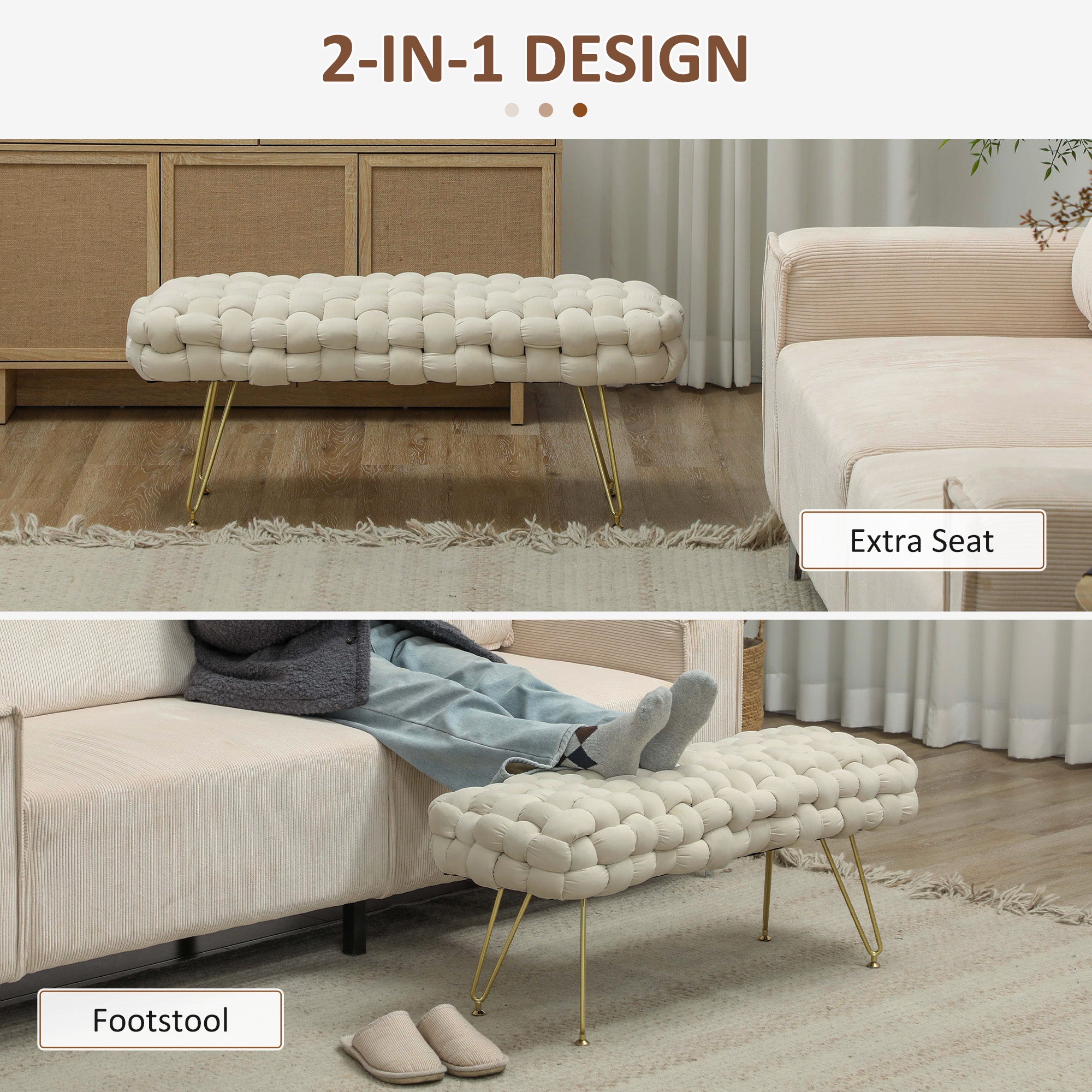 HOMCOM Woven Upholstered Bedroom Bench, 39" Modern Velvet End of Bed Bench with Gold Hairpin Legs for Entryway, Living Room, Cream White