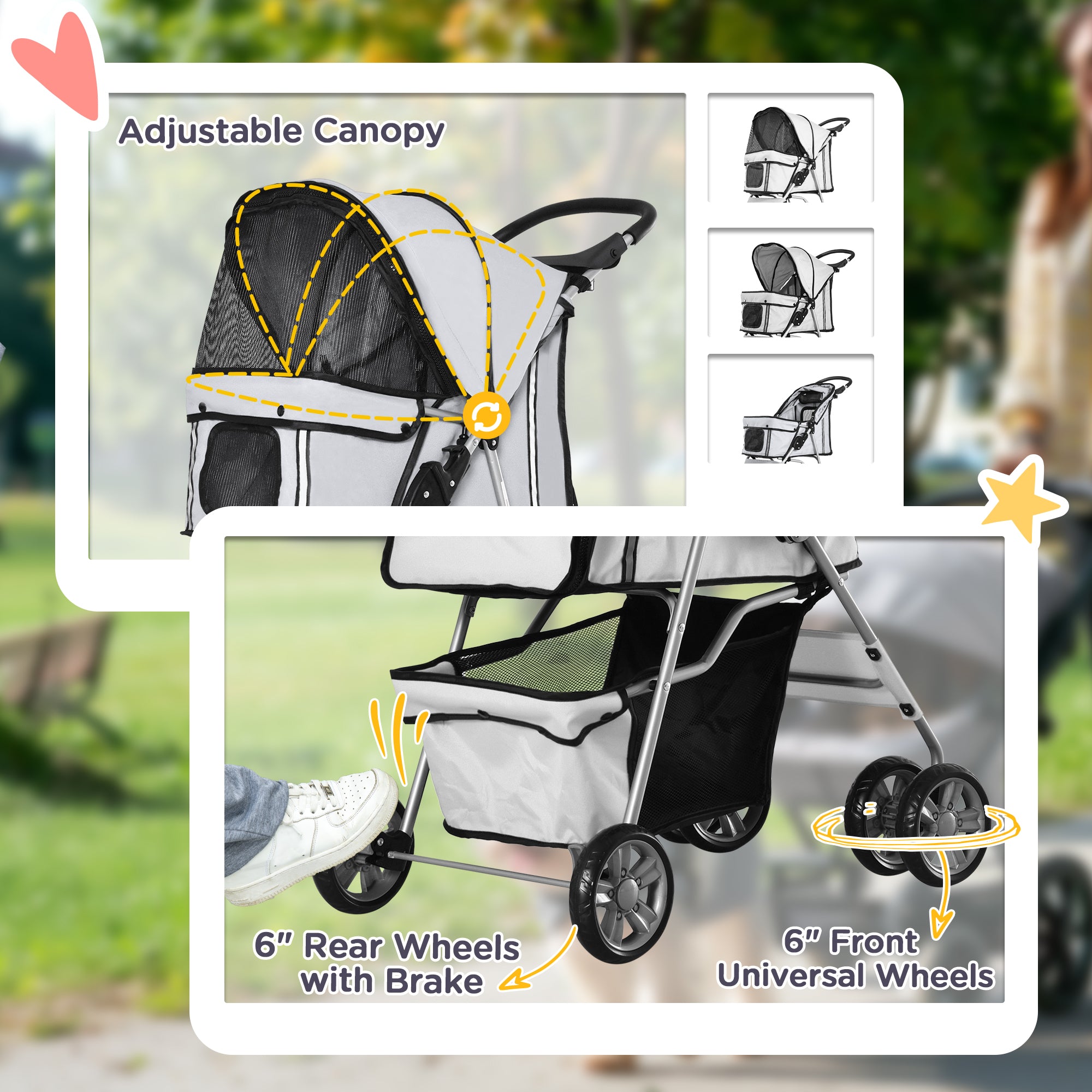 PawHut 4 Wheel Dog Pet Stroller Dog Cat Carrier Folding Sunshade Canopy with Brake, Grey