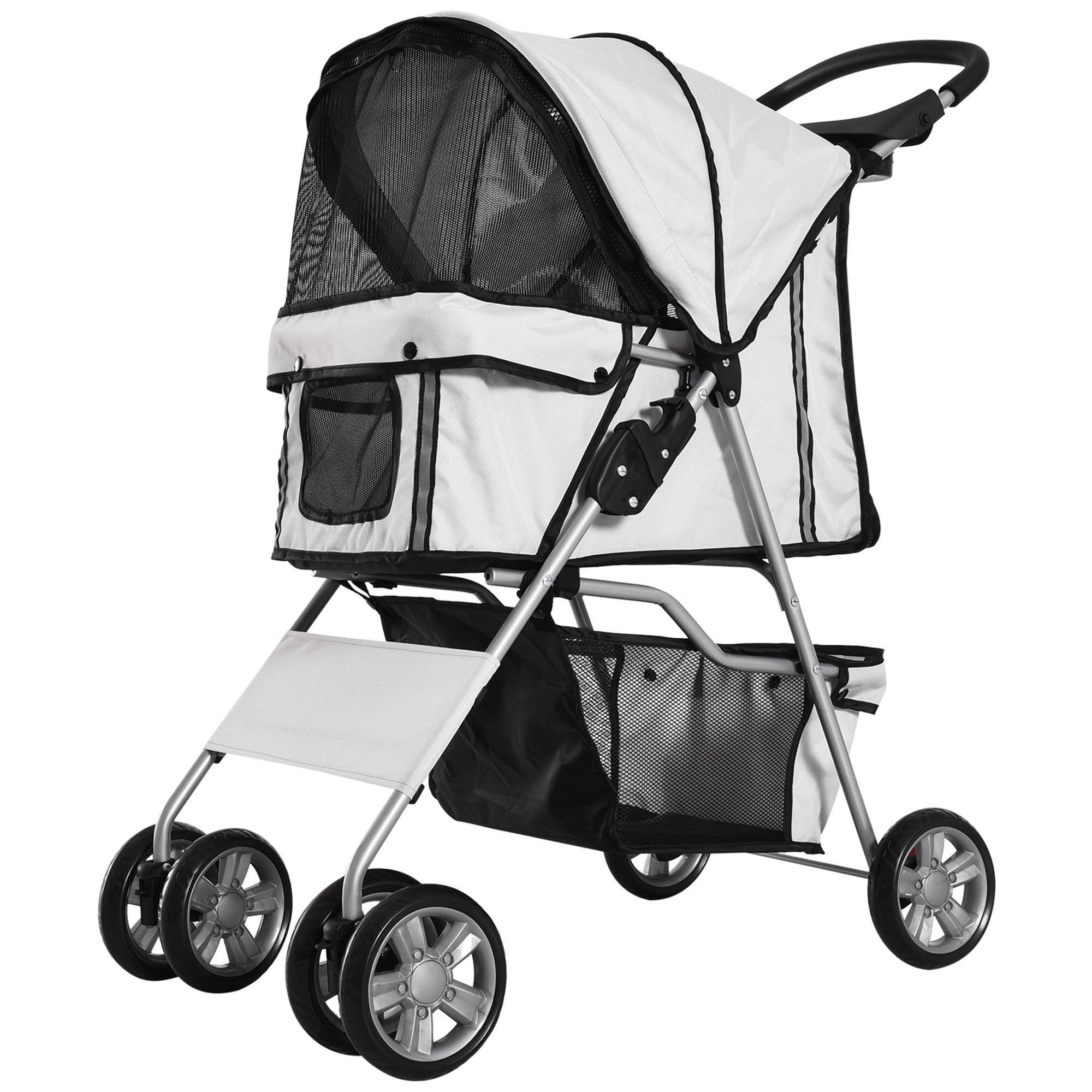 PawHut 4 Wheel Dog Pet Stroller Dog Cat Carrier Folding Sunshade Canopy with Brake, Grey