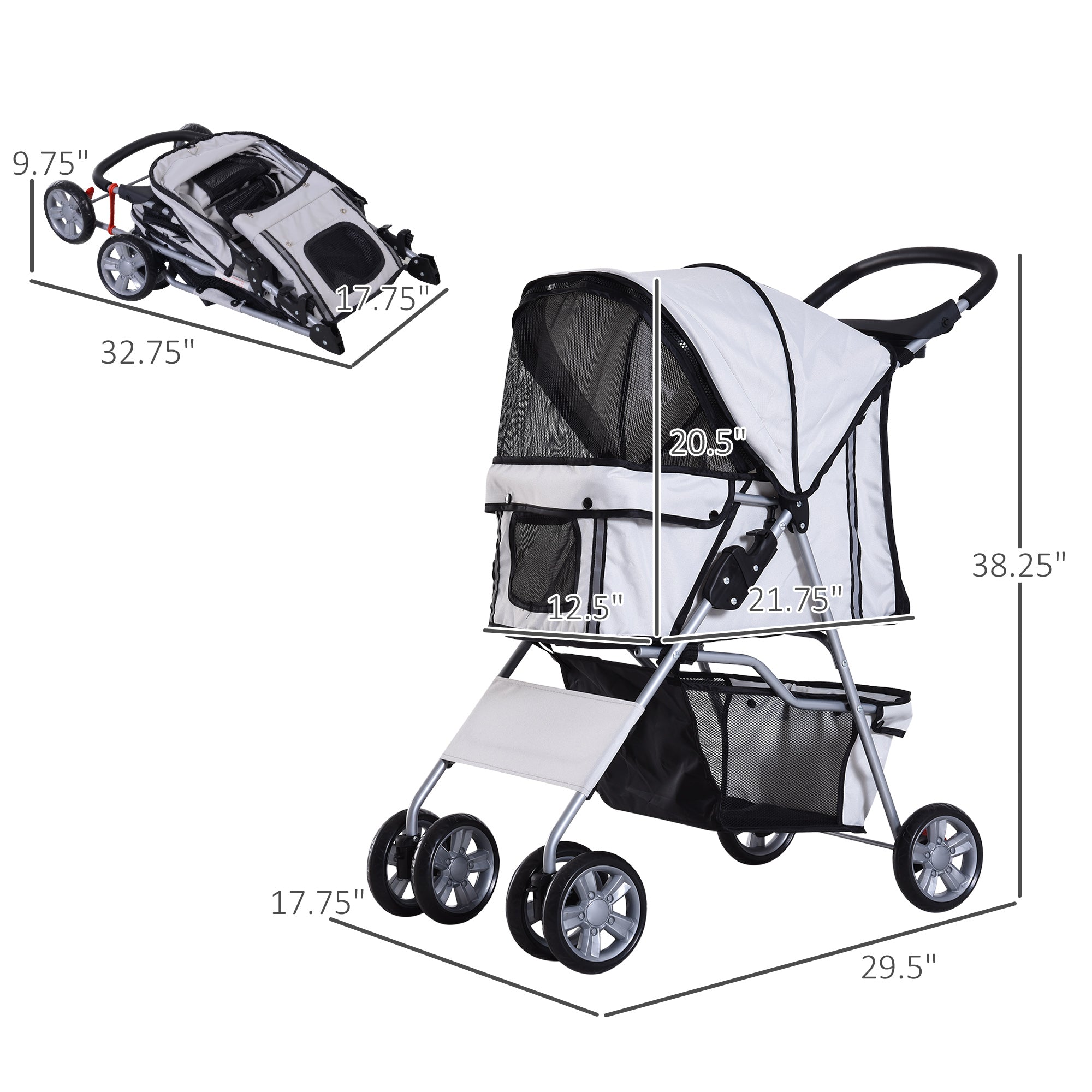 PawHut 4 Wheel Dog Pet Stroller Dog Cat Carrier Folding Sunshade Canopy with Brake, Grey