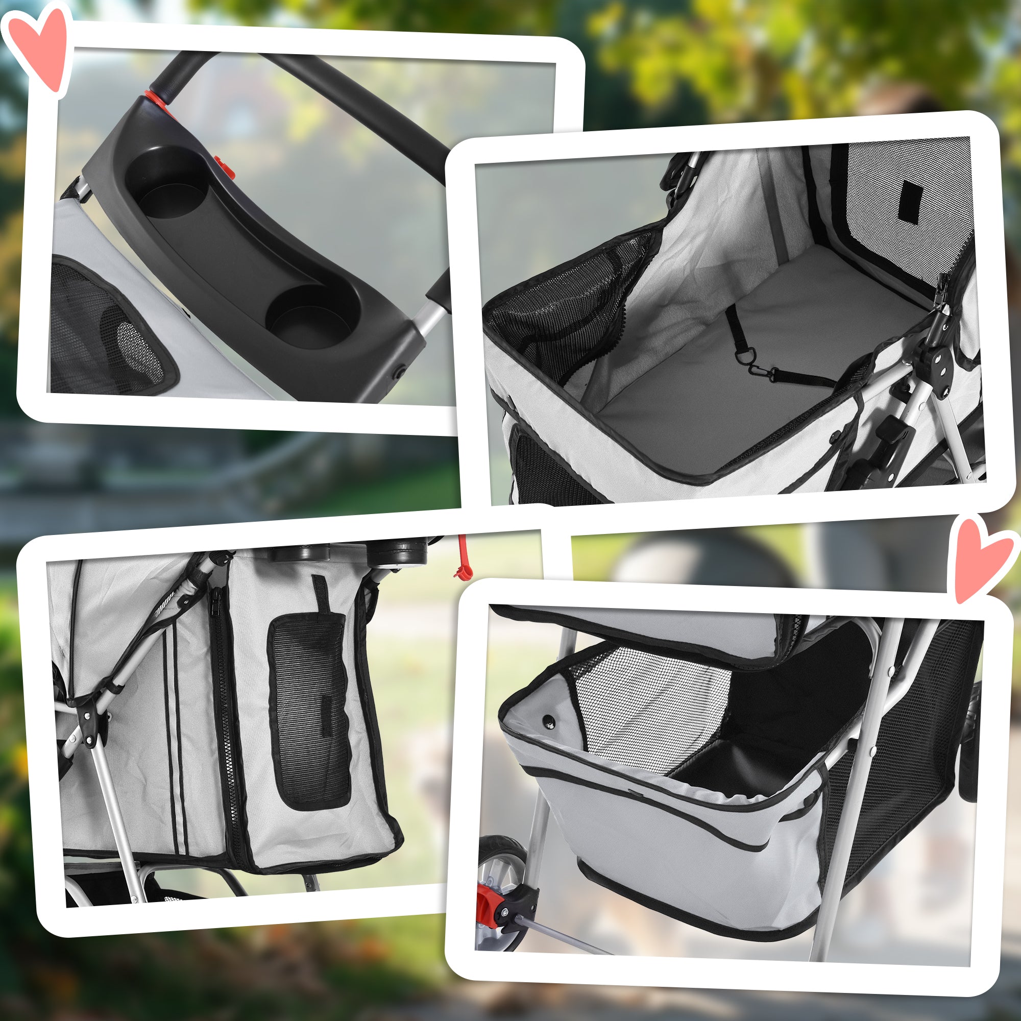 PawHut 4 Wheel Dog Pet Stroller Dog Cat Carrier Folding Sunshade Canopy with Brake, Grey
