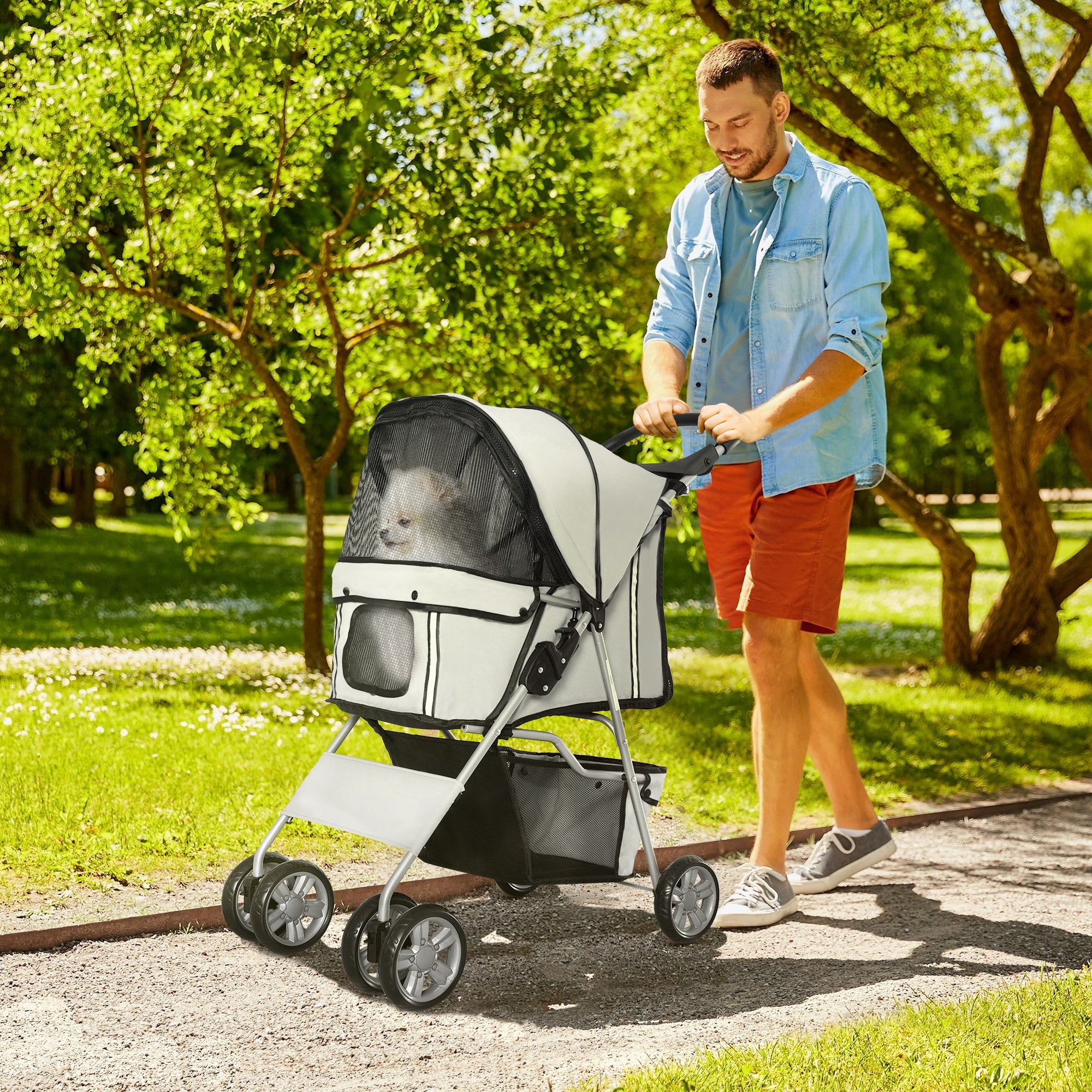 PawHut 4 Wheel Dog Pet Stroller Dog Cat Carrier Folding Sunshade Canopy with Brake, Grey