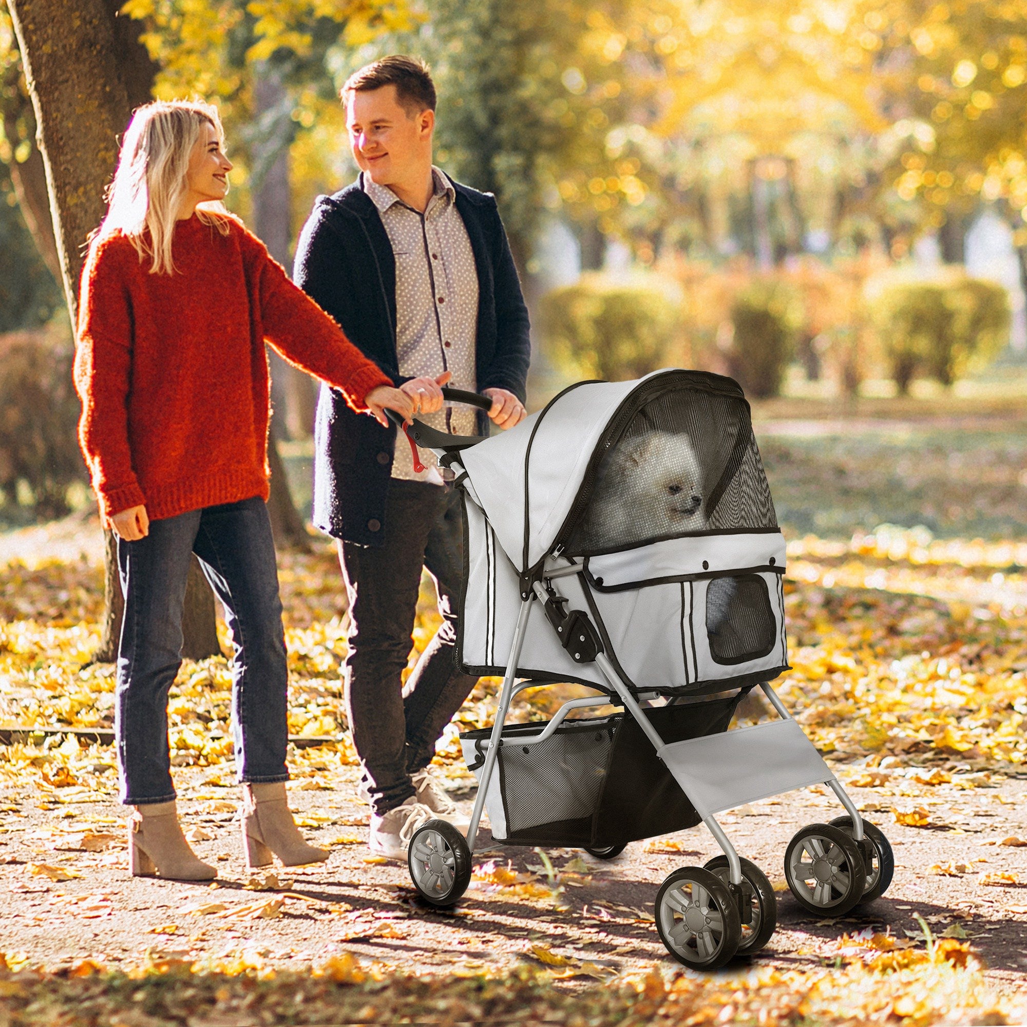 PawHut Pet Stroller for Small Miniature Dogs Cats Foldable Travel Carriage with Wheels Zipper Entry Cup Holder Storage Basket Grey