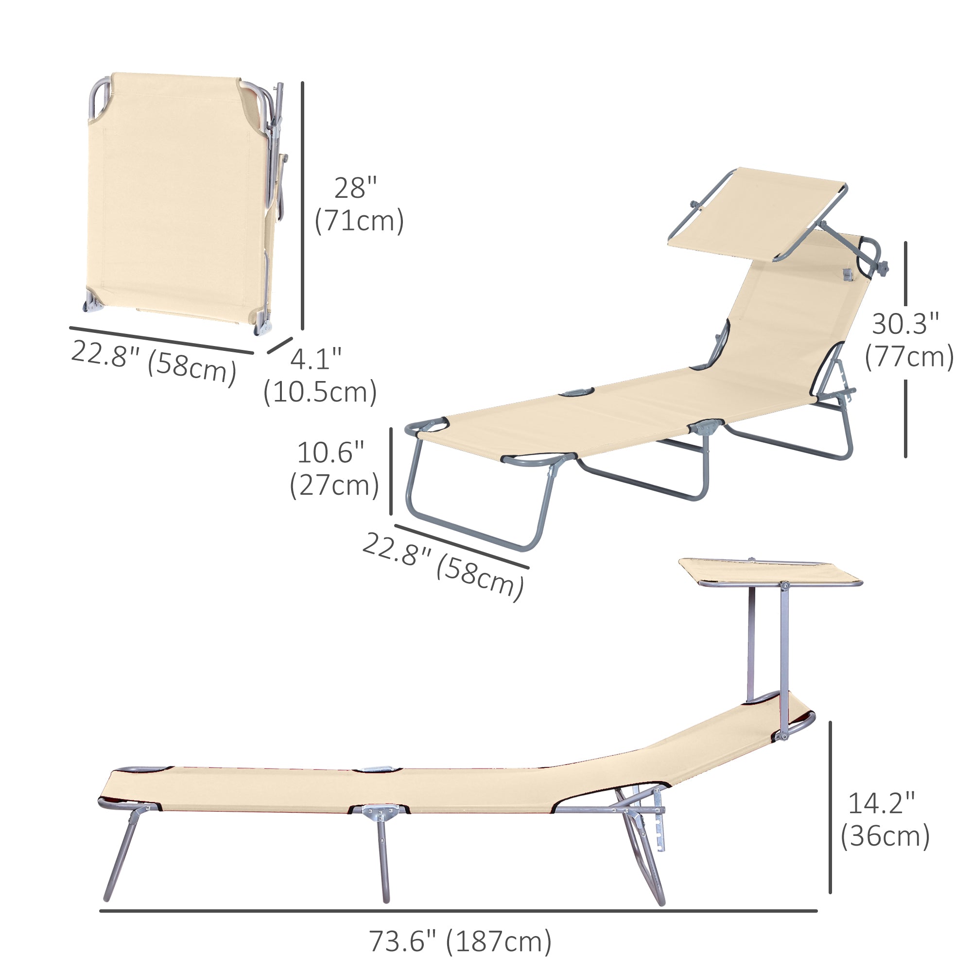 Outsunny Outdoor Lounge Chair, Adjustable Folding Chaise Lounge, Tanning Chair with Sun Shade for Beach, Camping, Hiking, Backyard, Beige