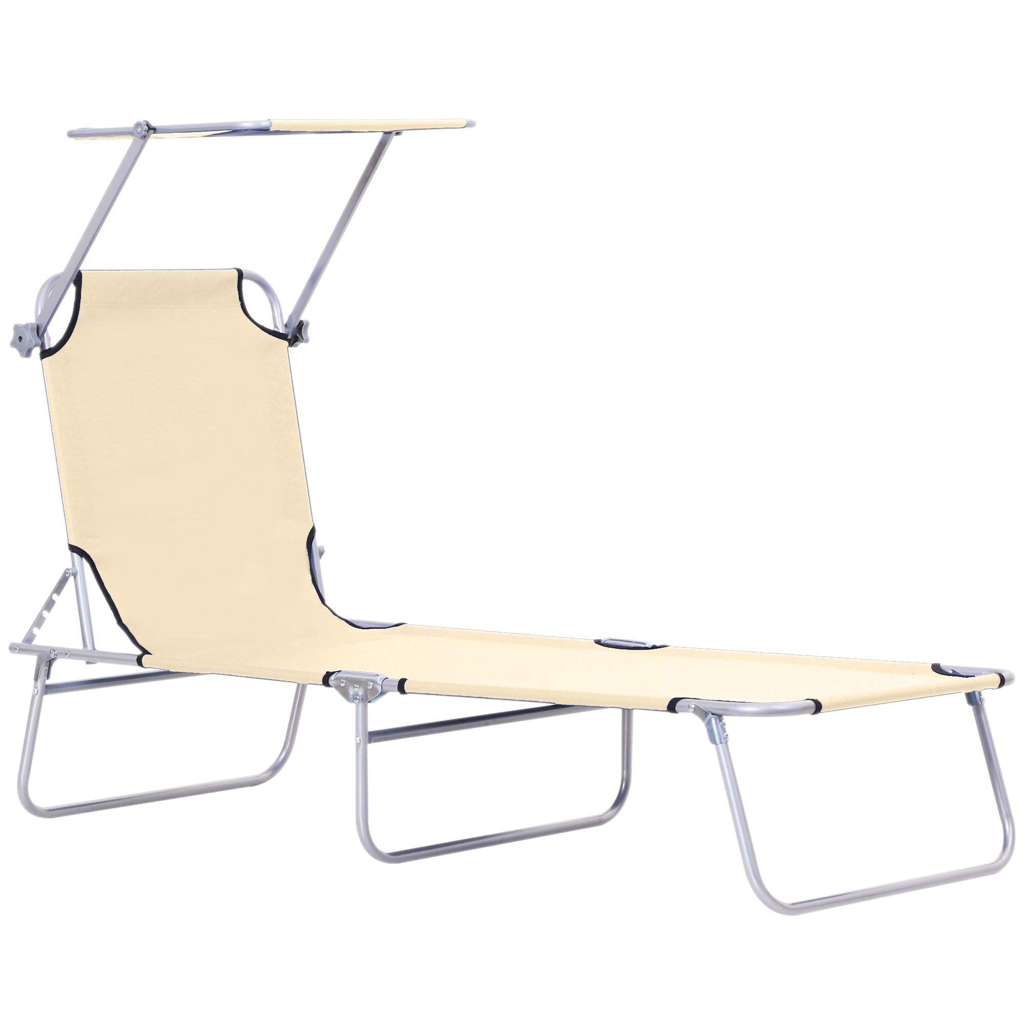Outsunny Outdoor Lounge Chair, Adjustable Folding Chaise Lounge, Tanning Chair with Sun Shade for Beach, Camping, Hiking, Backyard, Beige