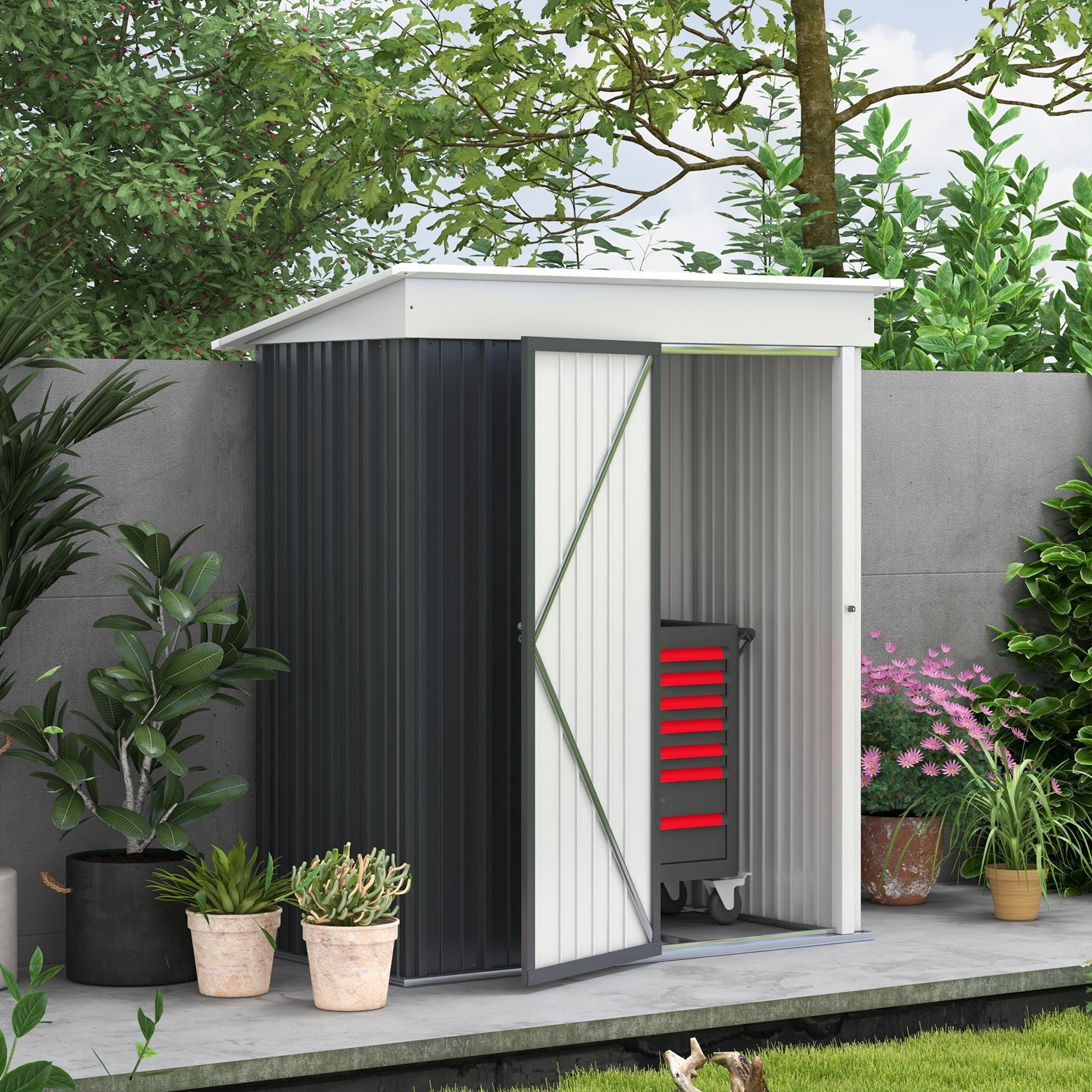 Outsunny 5' x 3' Steel Outdoor Storage Shed, Lean-to Garden Shed with Adjustable Shelf,  Foundation Kit, Lock and Gloves for Lawn Mower, Tool, Patio, Lawn, Dark Grey