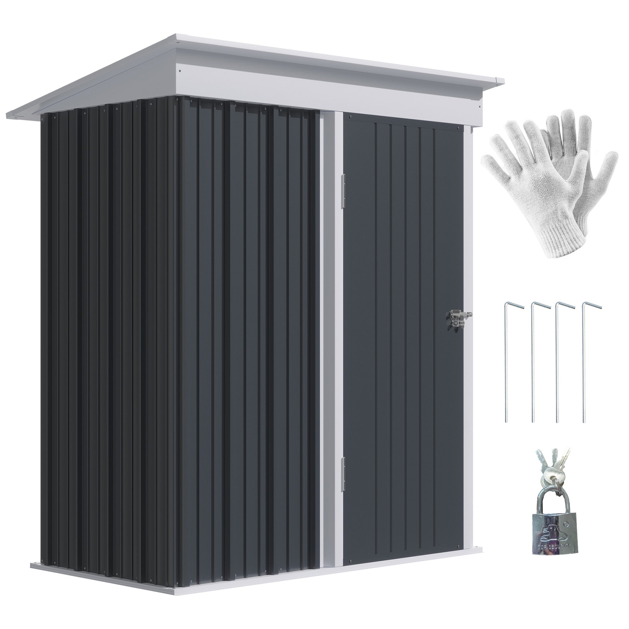 Outsunny 5' x 3' Steel Outdoor Storage Shed, Lean-to Garden Shed with Adjustable Shelf,  Foundation Kit, Lock and Gloves for Lawn Mower, Tool, Patio, Lawn, Dark Grey