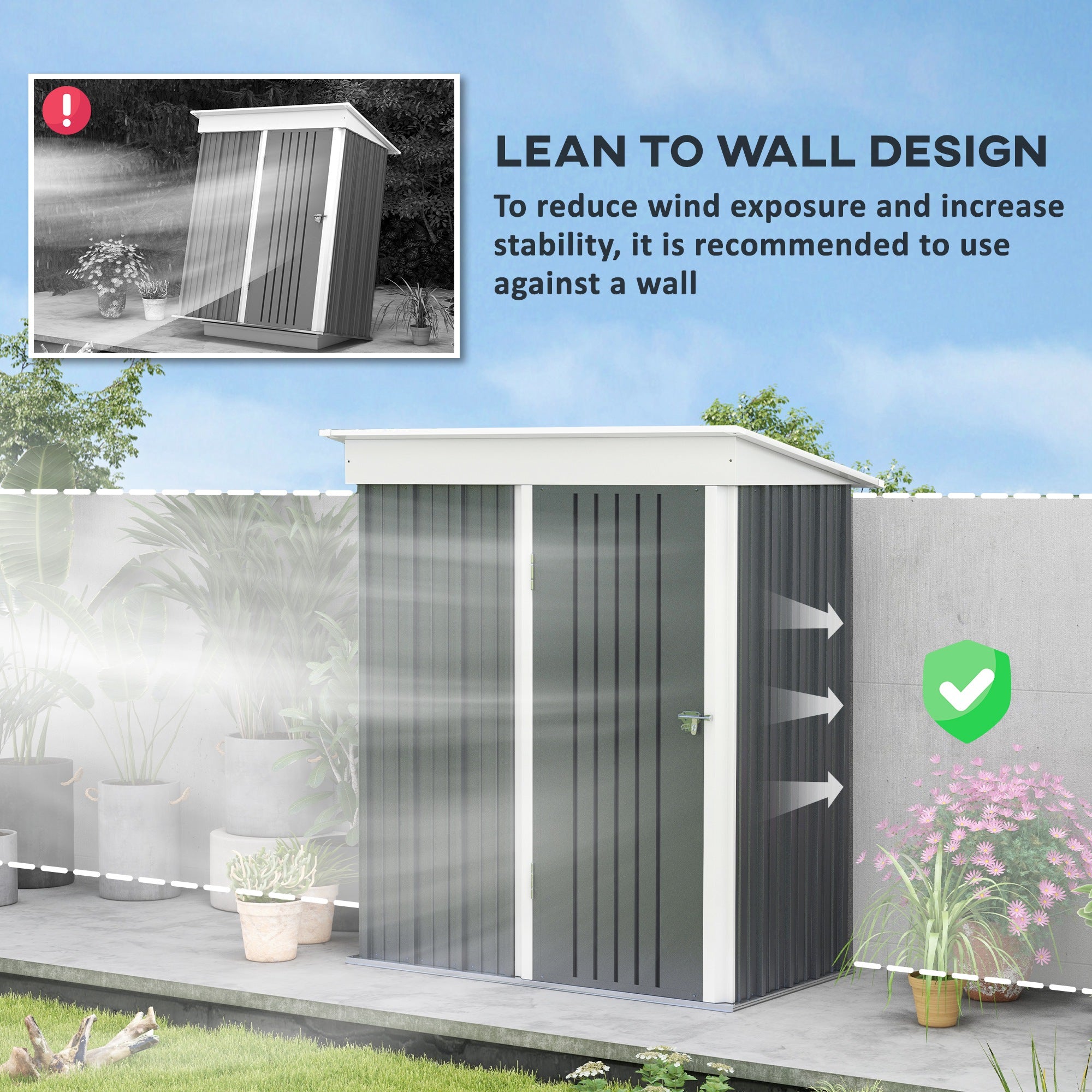 Outsunny 5' x 3' Steel Outdoor Storage Shed, Lean-to Garden Shed with Adjustable Shelf,  Foundation Kit, Lock and Gloves for Lawn Mower, Tool, Patio, Lawn, Dark Grey