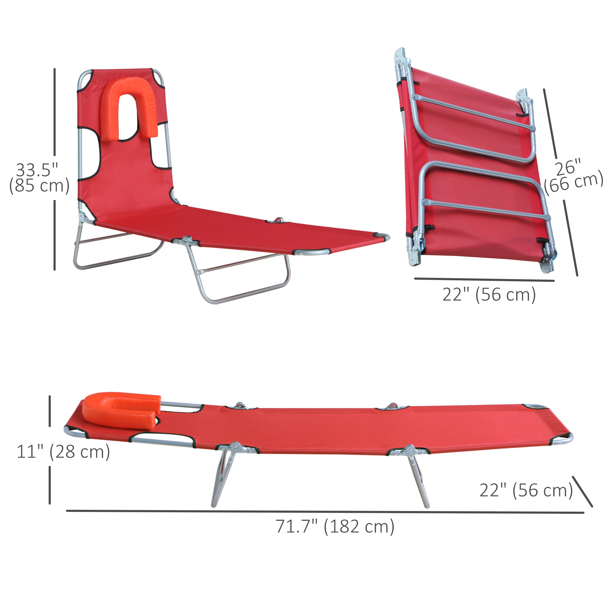 Outsunny Outdoor Lounge Chair, Adjustable Folding Chaise Lounge with Face Cavity, Tanning Chair Sun Lounger Bed Recliner, Red