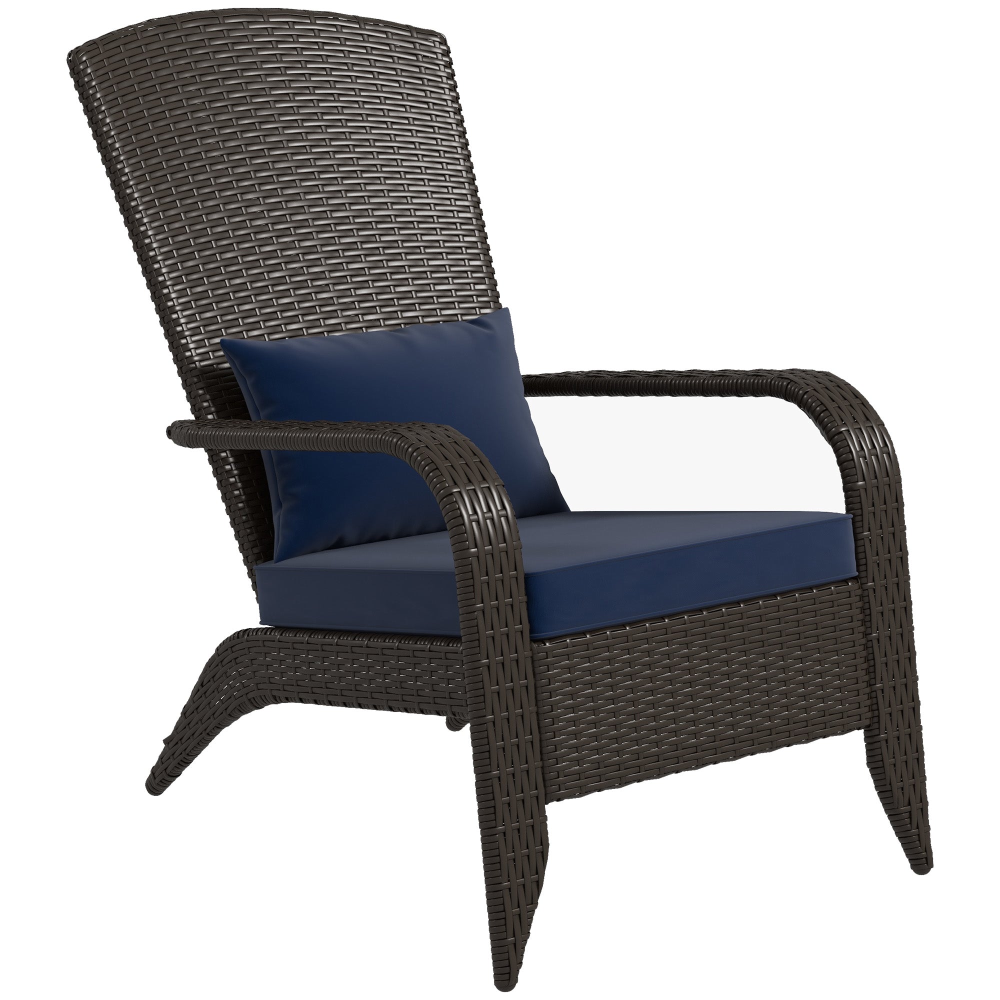 Outsunny Patio Wicker Adirondack Chair, PE Rattan Outdoor Muskoka Chair, Fire Pit Chair with Cushions for Patio, Garden, Backyard, Poolside, Balcony, Deck, Dark Blue