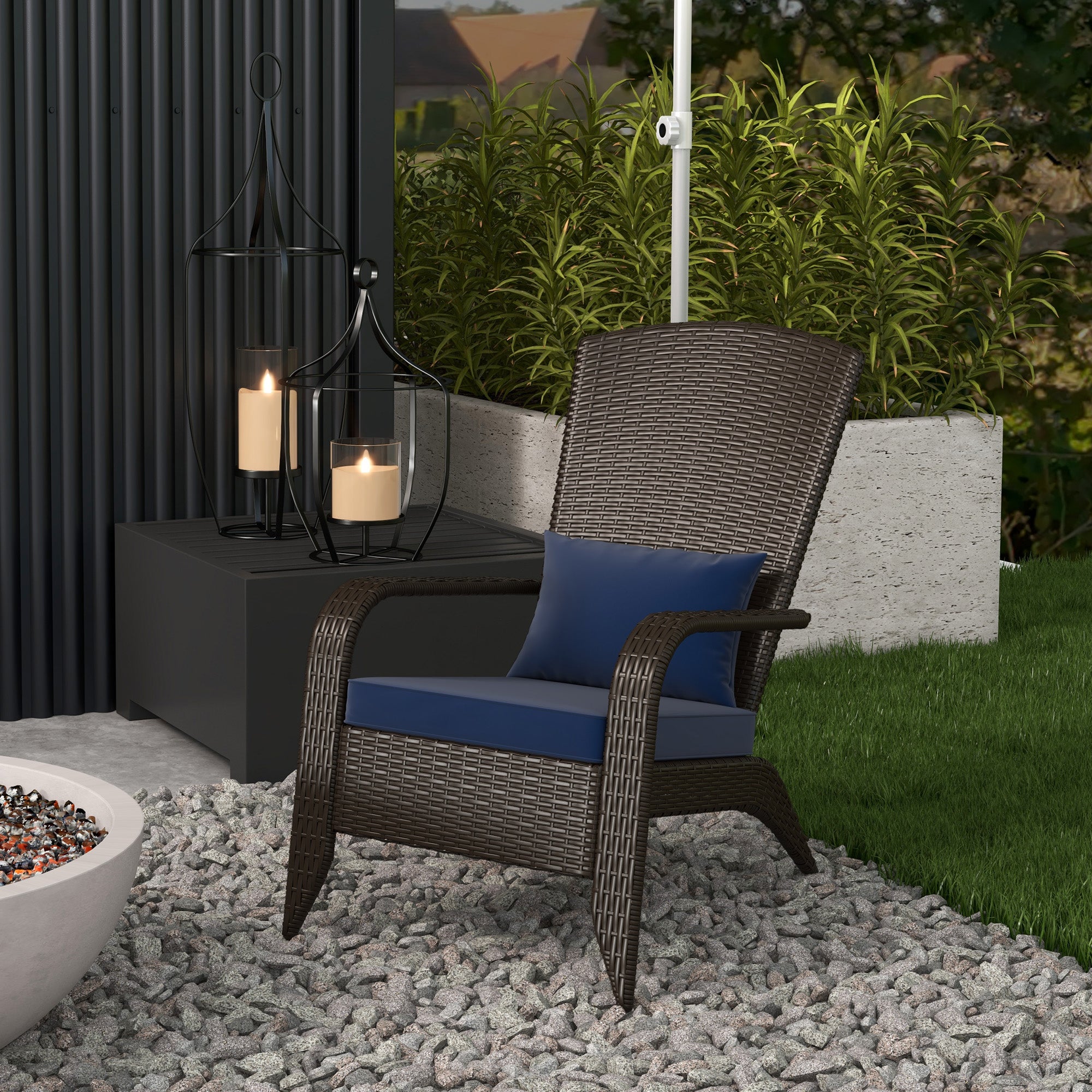 Outsunny Patio Wicker Adirondack Chair, PE Rattan Outdoor Muskoka Chair, Fire Pit Chair with Cushions for Patio, Garden, Backyard, Poolside, Balcony, Deck, Dark Blue