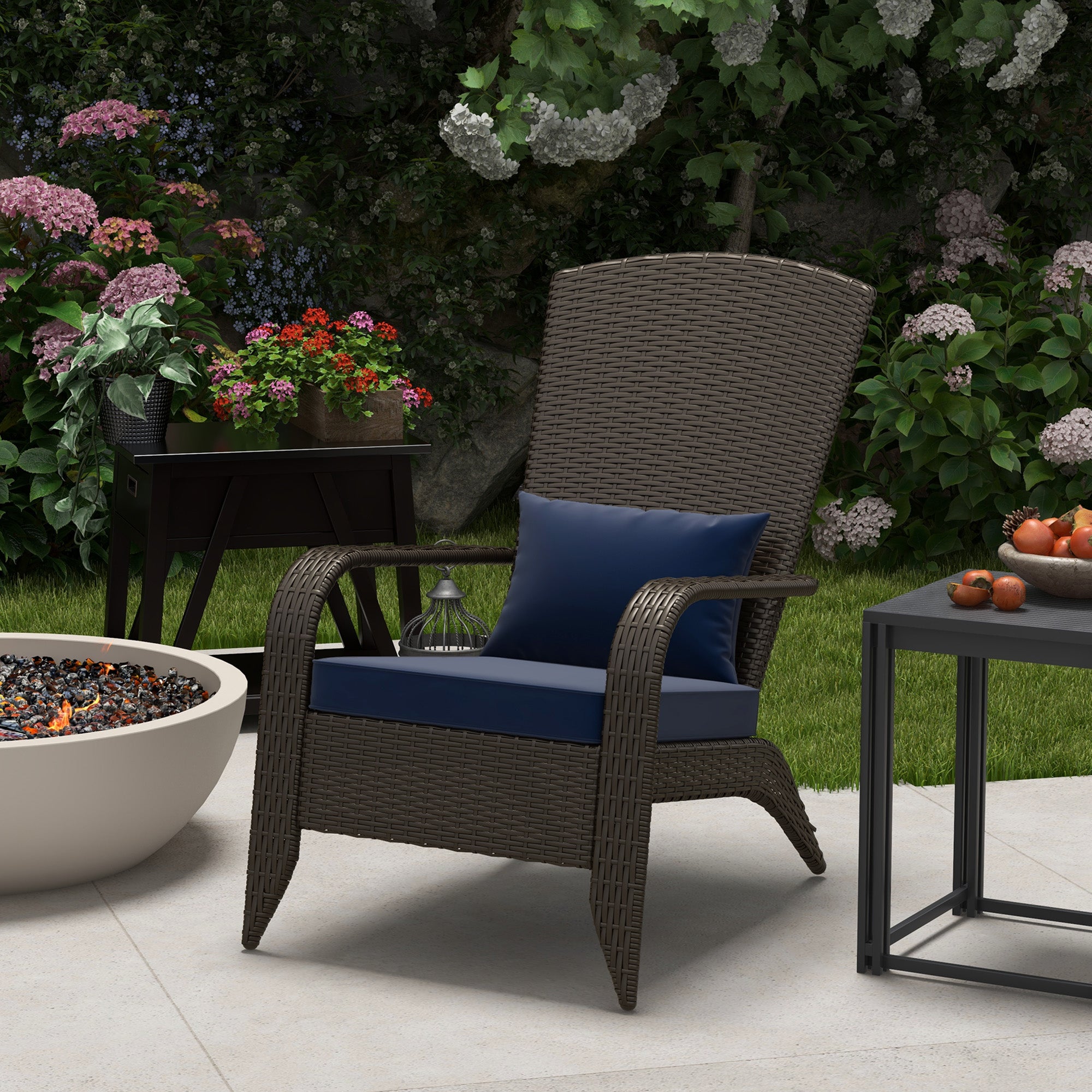 Outsunny Patio Wicker Adirondack Chair, PE Rattan Outdoor Muskoka Chair, Fire Pit Chair with Cushions for Patio, Garden, Backyard, Poolside, Balcony, Deck, Dark Blue