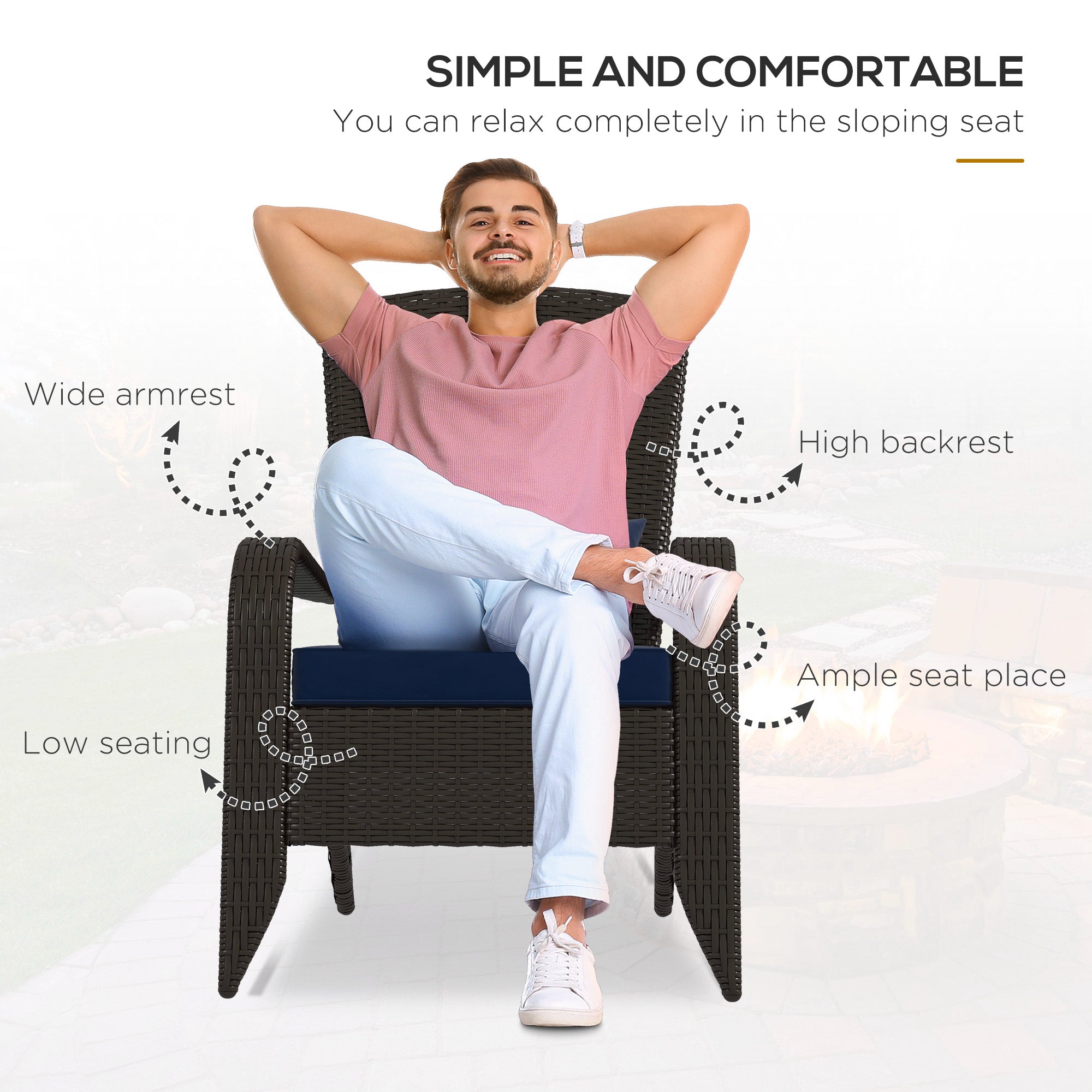 Outsunny Patio Wicker Adirondack Chair, PE Rattan Outdoor Muskoka Chair, Fire Pit Chair with Cushions for Patio, Garden, Backyard, Poolside, Balcony, Deck, Dark Blue