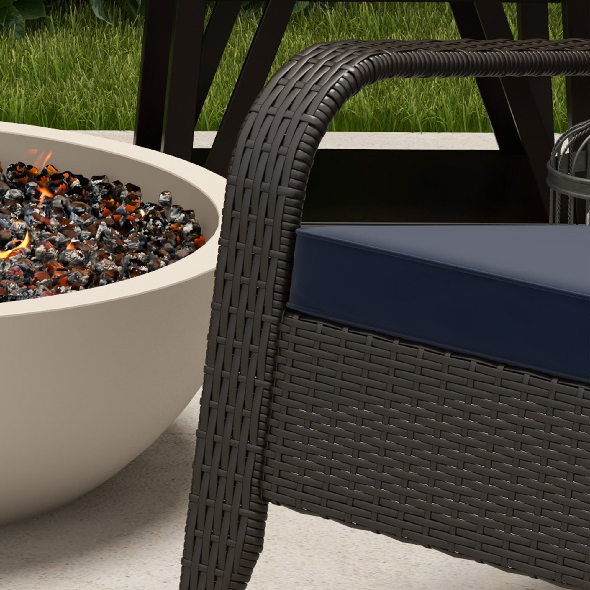 Outsunny Patio Wicker Adirondack Chair, PE Rattan Outdoor Muskoka Chair, Fire Pit Chair with Cushions for Patio, Garden, Backyard, Poolside, Balcony, Deck, Dark Blue