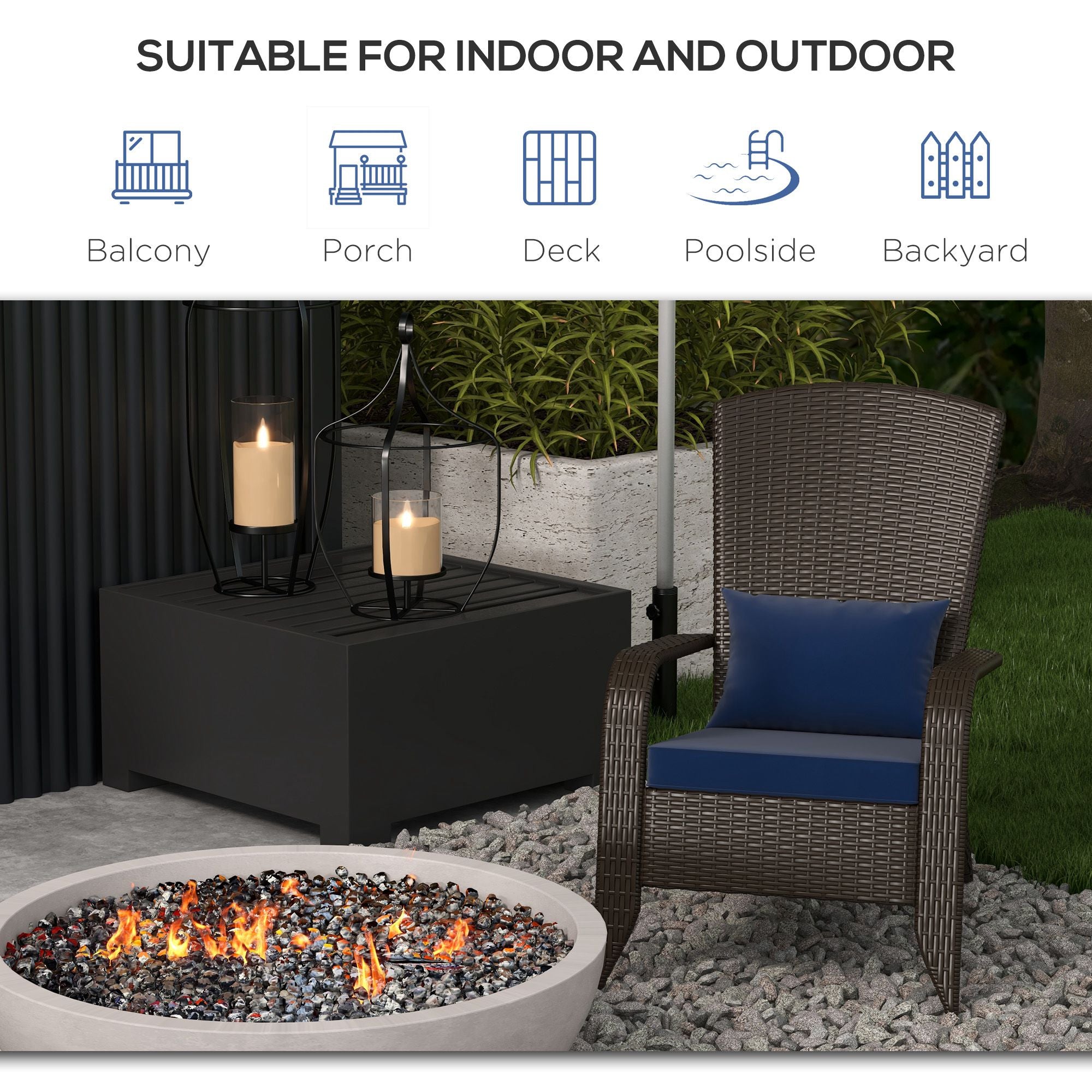 Outsunny Patio Wicker Adirondack Chair, PE Rattan Outdoor Muskoka Chair, Fire Pit Chair with Cushions for Patio, Garden, Backyard, Poolside, Balcony, Deck, Dark Blue