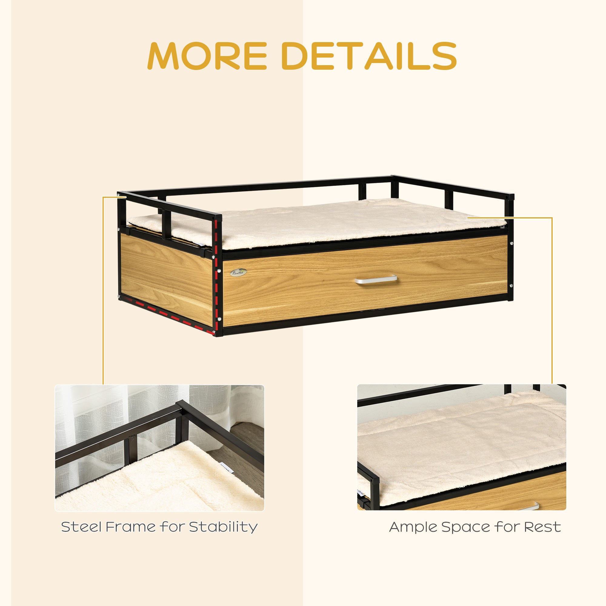 PawHut 39.25" Elevated Dog Bed, Furniture Style Pet Couch, Soft Modern Puppy Sofa, with Storage Drawer, Washable Cushion, Steel Frame, for Medium Dogs, Oak