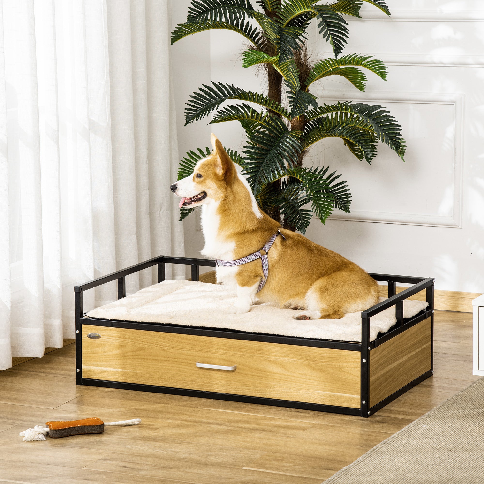 PawHut 39.25" Elevated Dog Bed, Furniture Style Pet Couch, Soft Modern Puppy Sofa, with Storage Drawer, Washable Cushion, Steel Frame, for Medium Dogs, Oak