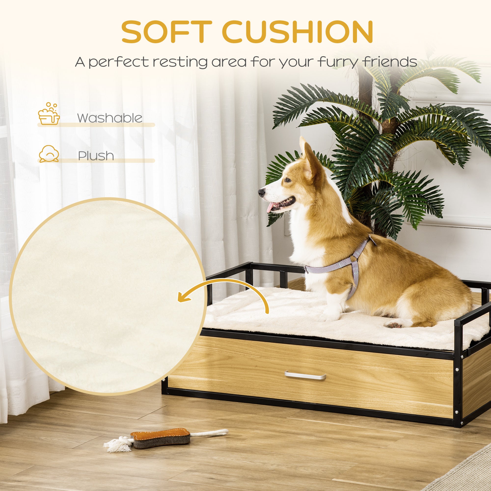 PawHut 39.25" Elevated Dog Bed, Furniture Style Pet Couch, Soft Modern Puppy Sofa, with Storage Drawer, Washable Cushion, Steel Frame, for Medium Dogs, Oak