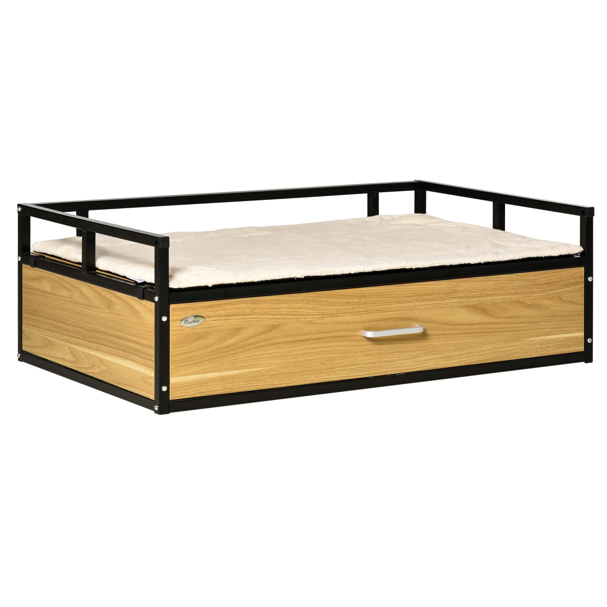 PawHut 39.25" Elevated Dog Bed, Furniture Style Pet Couch, Soft Modern Puppy Sofa, with Storage Drawer, Washable Cushion, Steel Frame, for Medium Dogs, Oak