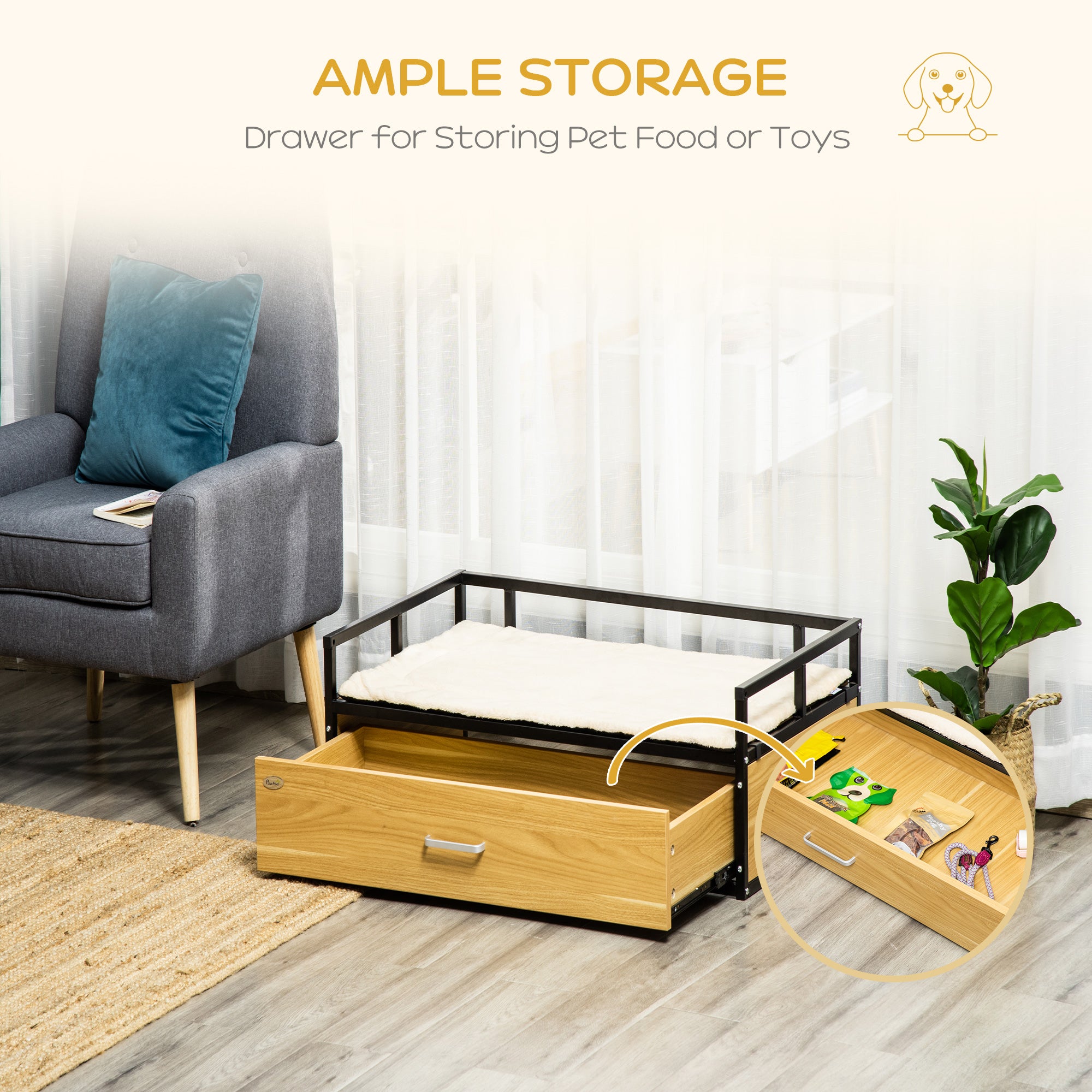 PawHut 39.25" Elevated Dog Bed, Furniture Style Pet Couch, Soft Modern Puppy Sofa, with Storage Drawer, Washable Cushion, Steel Frame, for Medium Dogs, Oak