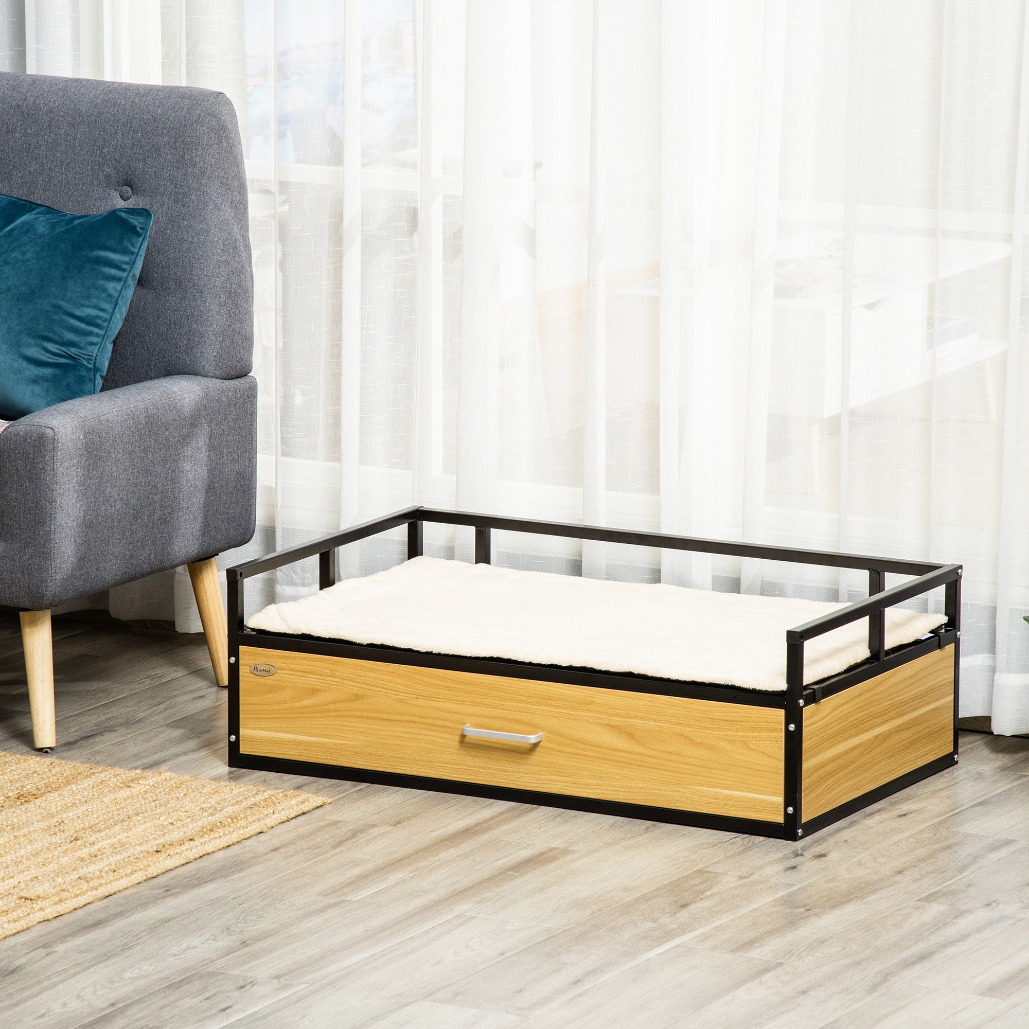 PawHut 39.25" Elevated Dog Bed, Furniture Style Pet Couch, Soft Modern Puppy Sofa, with Storage Drawer, Washable Cushion, Steel Frame, for Medium Dogs, Oak