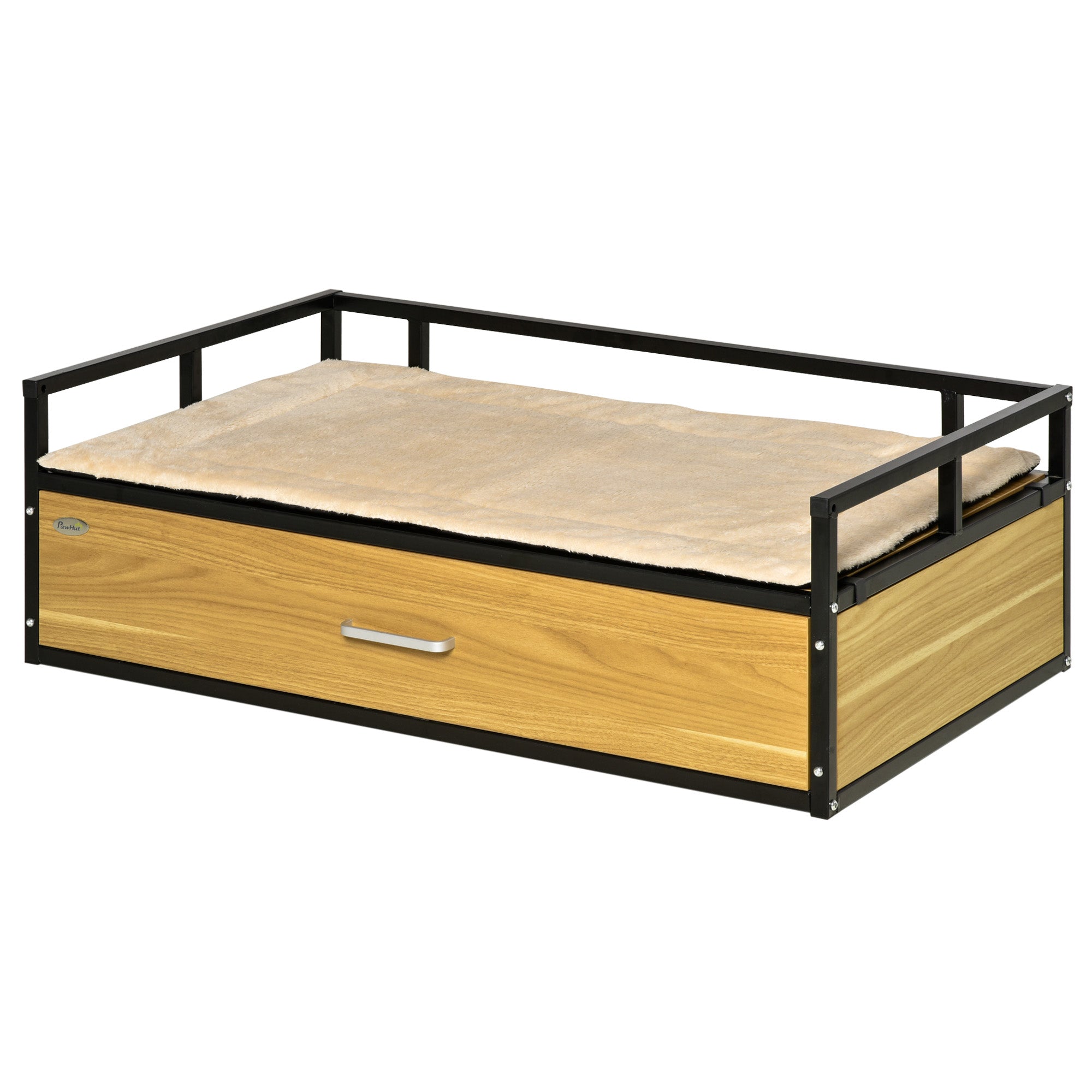 PawHut 39.25" Elevated Dog Bed, Furniture Style Pet Couch, Soft Modern Puppy Sofa, with Storage Drawer, Washable Cushion, Steel Frame, for Medium Dogs, Oak