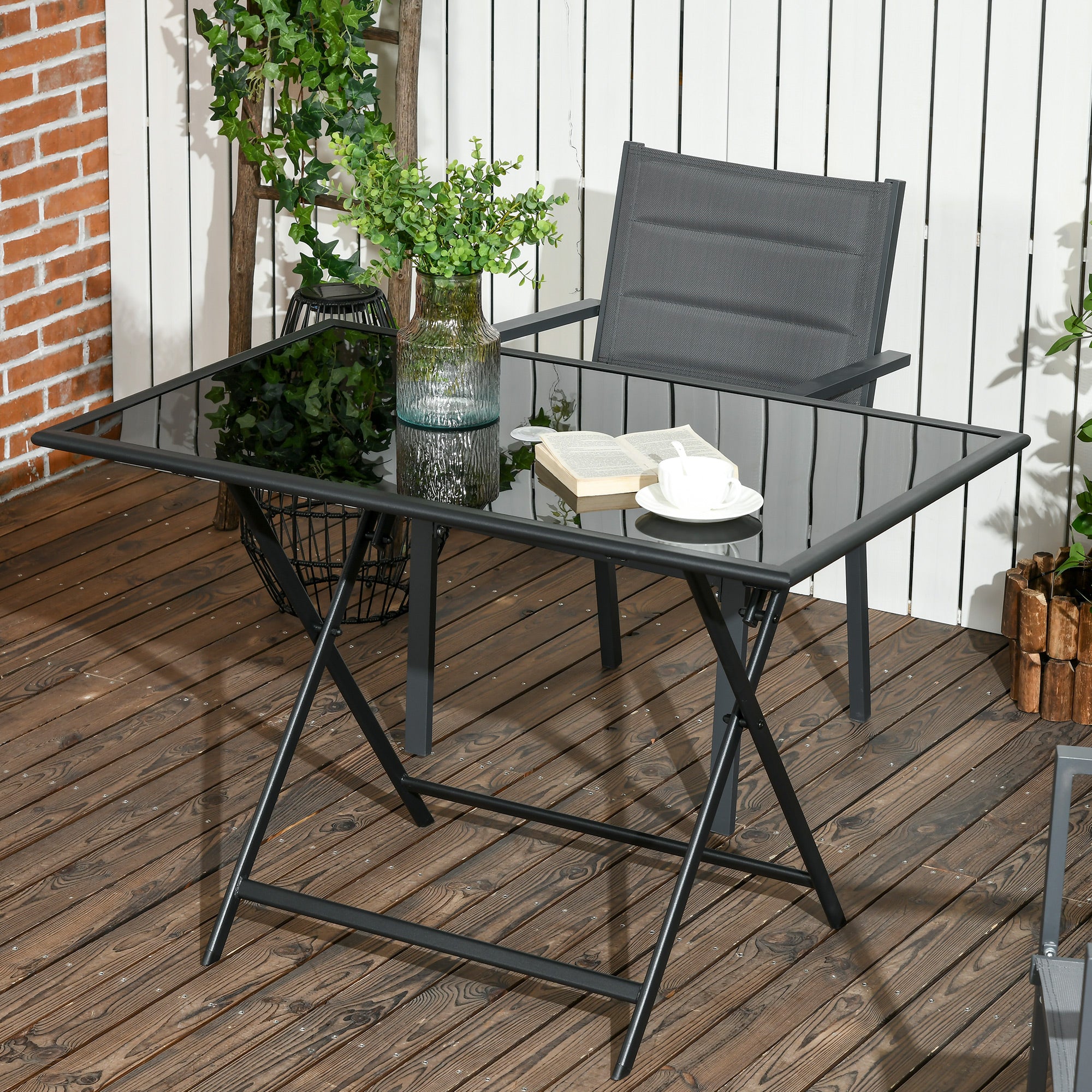 Outsunny Foldable Outdoor Dining Table with Umbrella Hole, Patio Table for 6 with Glass Top Table, Metal Frame for Garden Lawn Backyard, Black