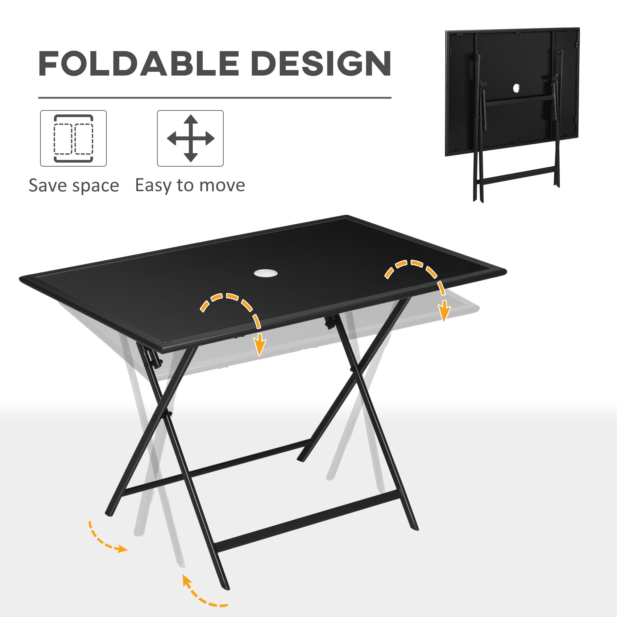 Outsunny Foldable Outdoor Dining Table with Umbrella Hole, Patio Table for 6 with Glass Top Table, Metal Frame for Garden Lawn Backyard, Black