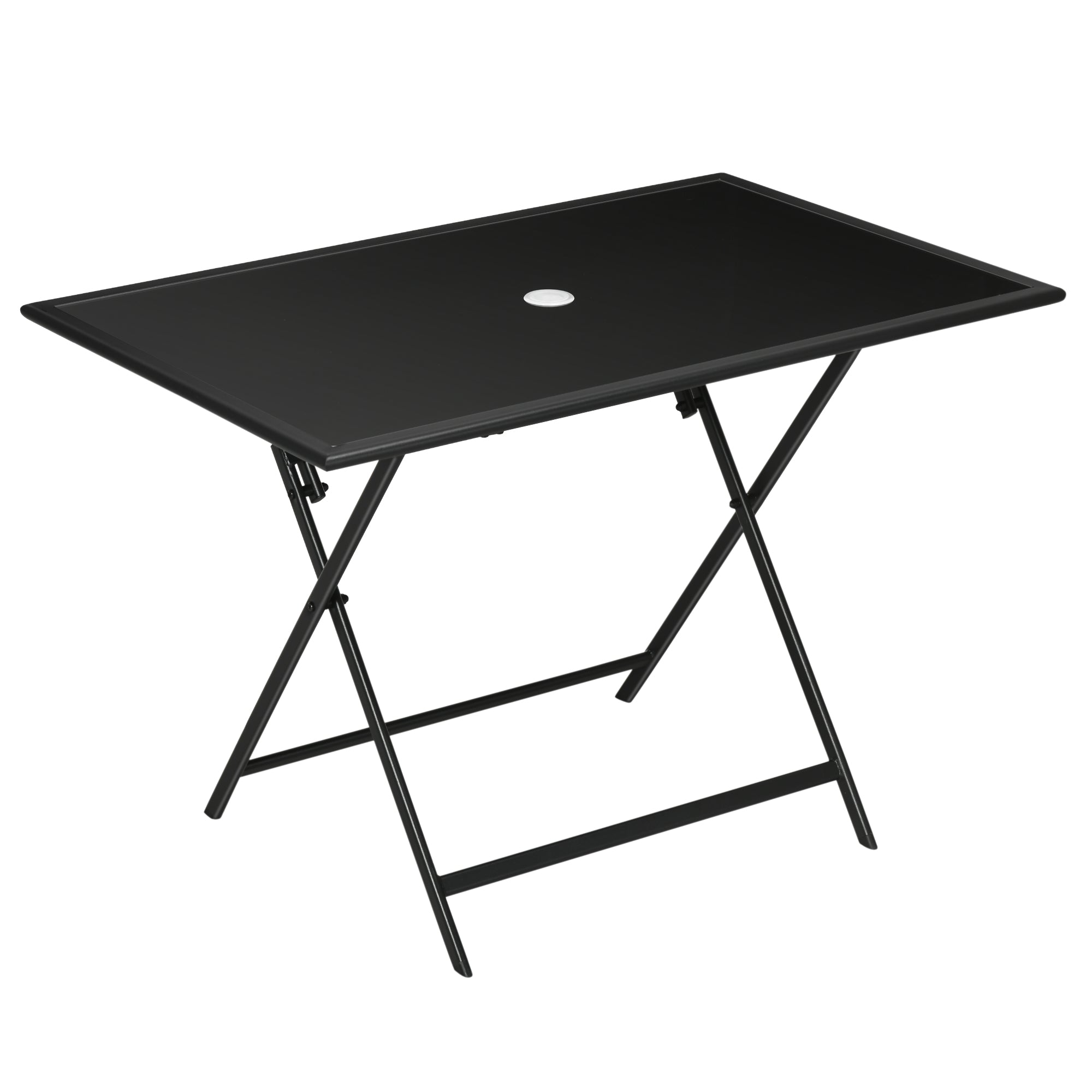 Outsunny Foldable Outdoor Dining Table with Umbrella Hole, Patio Table for 6 with Glass Top Table, Metal Frame for Garden Lawn Backyard, Black