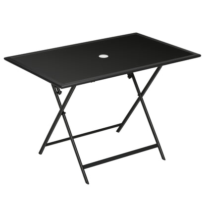 Outsunny Foldable Outdoor Dining Table with Umbrella Hole, Patio Table for 6 with Glass Top Table, Metal Frame for Garden Lawn Backyard, Black