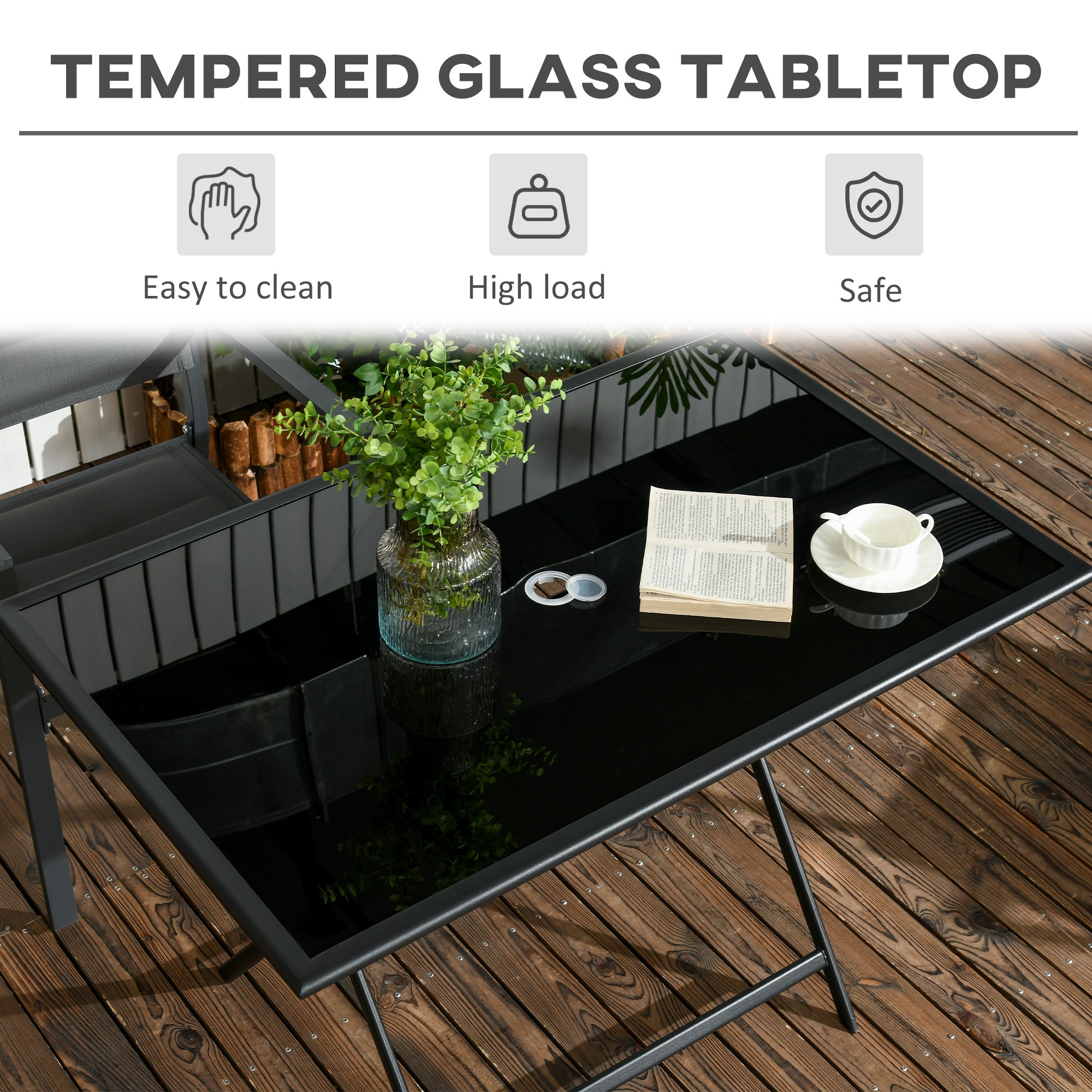 Outsunny Foldable Outdoor Dining Table with Umbrella Hole, Patio Table for 6 with Glass Top Table, Metal Frame for Garden Lawn Backyard, Black