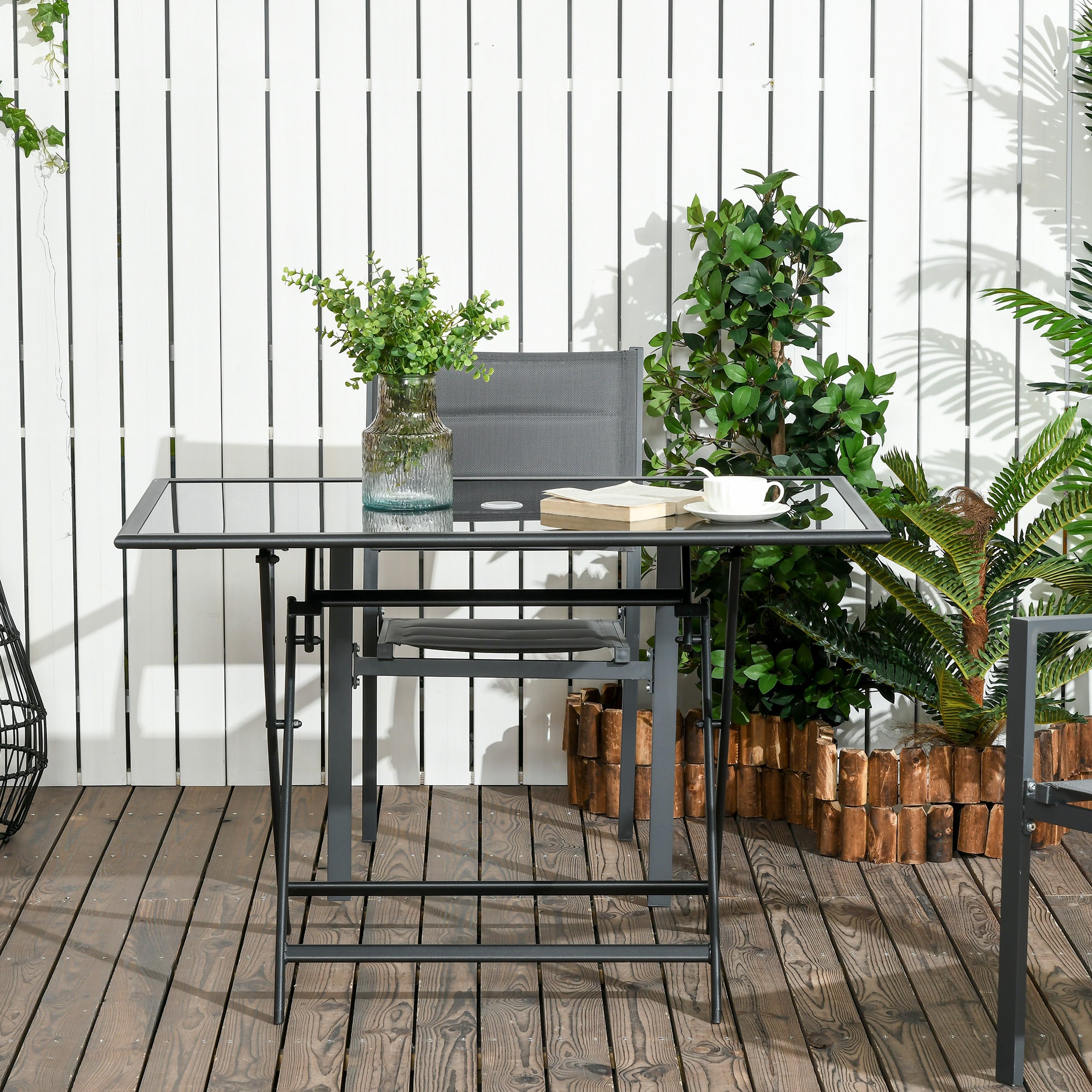 Outsunny Foldable Outdoor Dining Table with Umbrella Hole, Patio Table for 6 with Glass Top Table, Metal Frame for Garden Lawn Backyard, Black