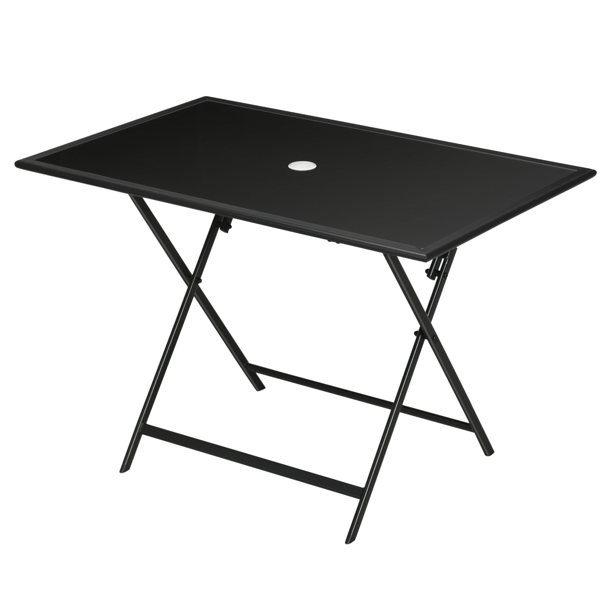 Outsunny Foldable Outdoor Dining Table with Umbrella Hole, Patio Table for 6 with Glass Top Table, Metal Frame for Garden Lawn Backyard, Black