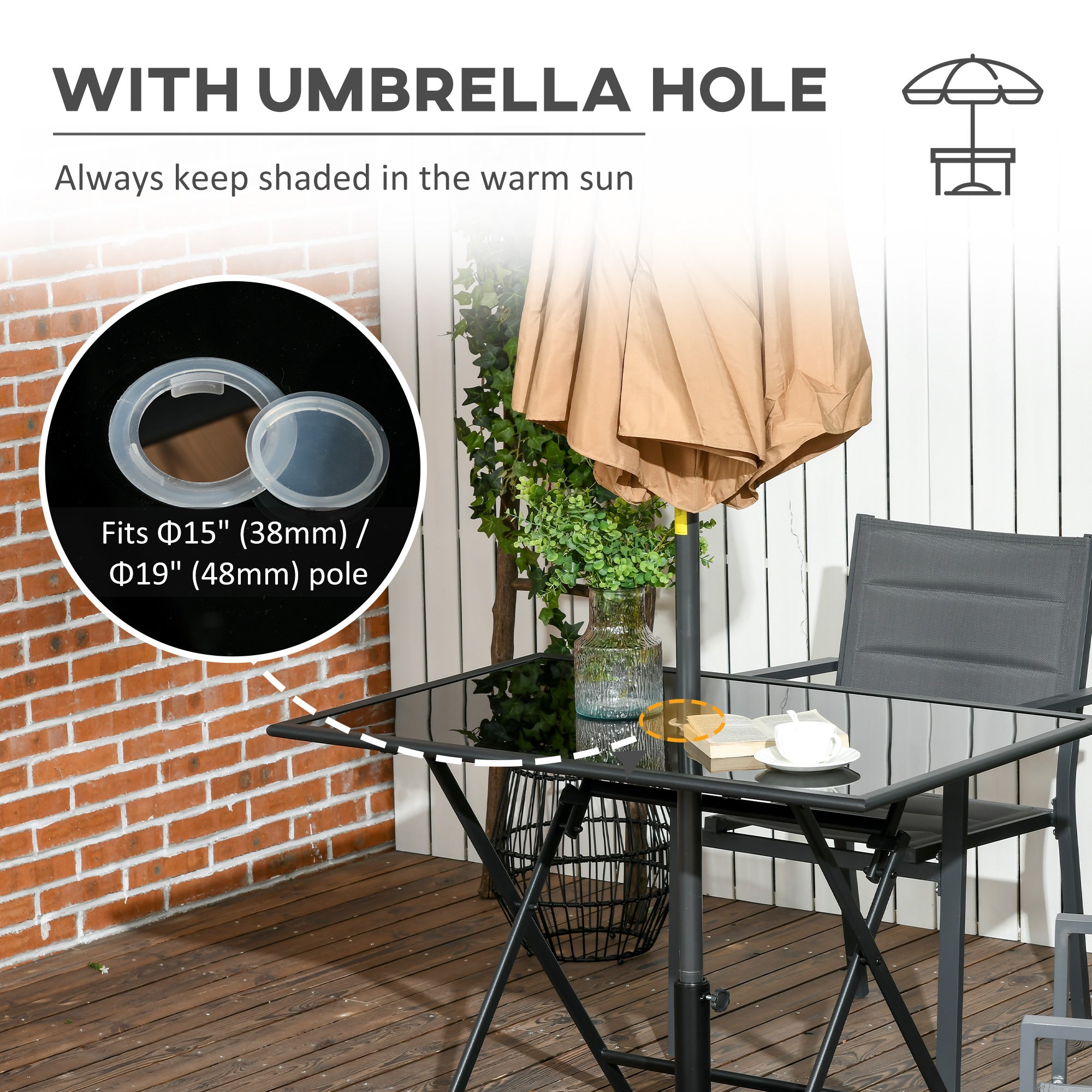 Outsunny Foldable Outdoor Dining Table with Umbrella Hole, Patio Table for 6 with Glass Top Table, Metal Frame for Garden Lawn Backyard, Black