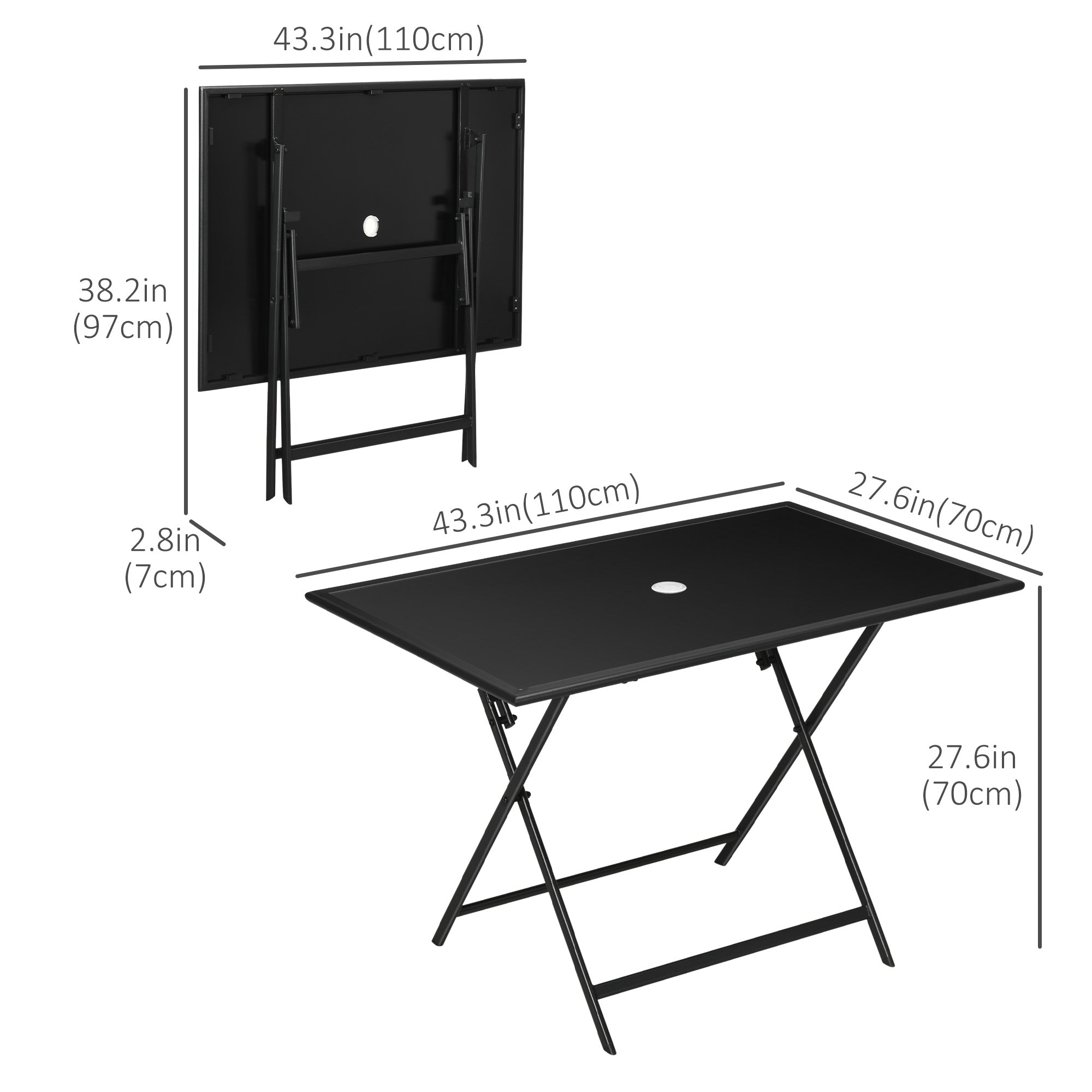 Outsunny Foldable Outdoor Dining Table with Umbrella Hole, Patio Table for 6 with Glass Top Table, Metal Frame for Garden Lawn Backyard, Black
