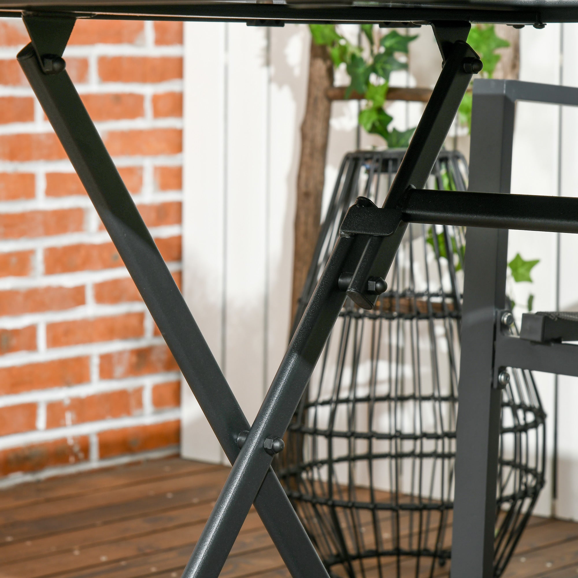 Outsunny Foldable Outdoor Dining Table with Umbrella Hole, Patio Table for 6 with Glass Top Table, Metal Frame for Garden Lawn Backyard, Black