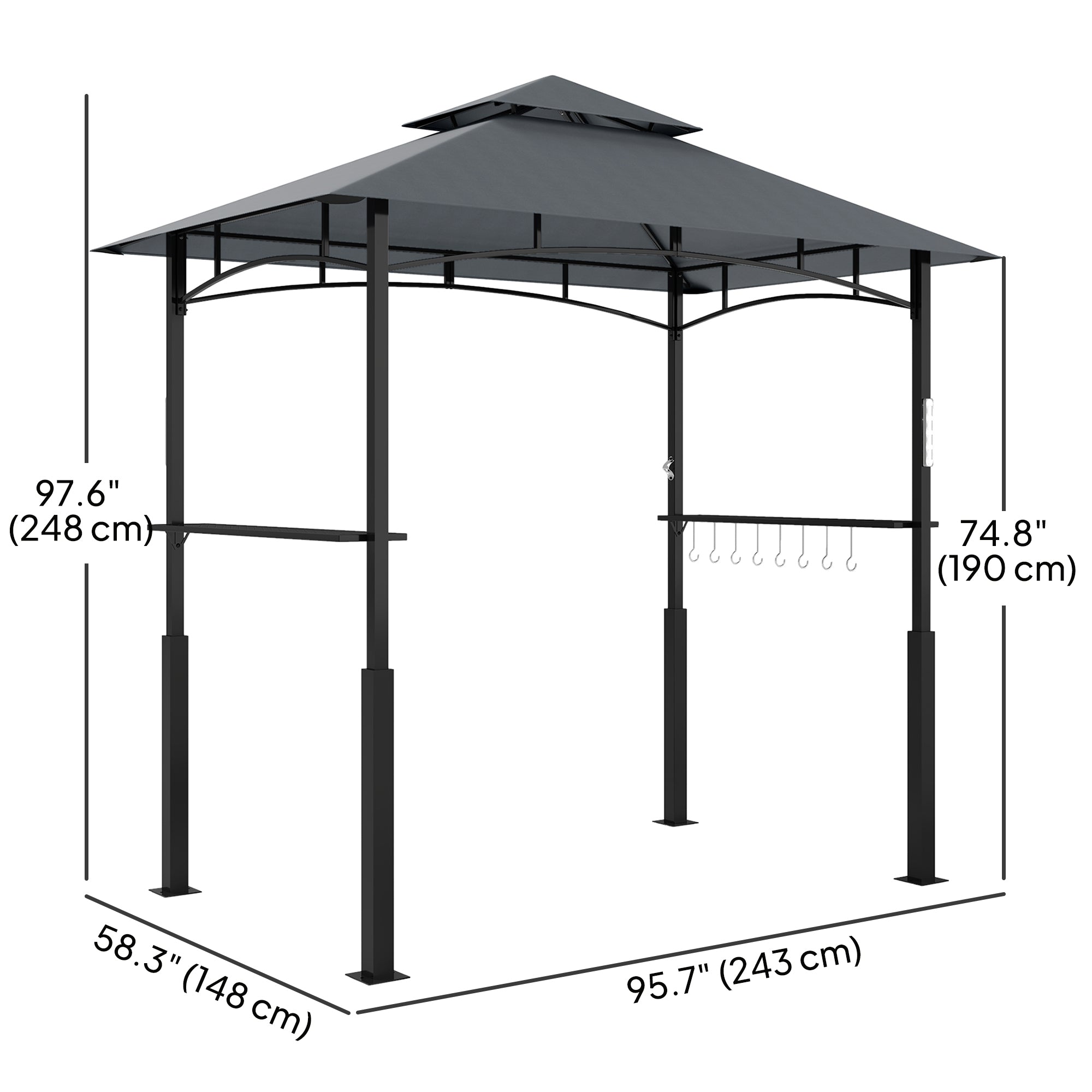 Outsunny 8' x 5' Grill Gazebo, Double Tiered Outdoor BBQ Gazebo Canopy with LED Light, 2 Side Shelves, Hooks and Bottle Opener for Patio, Garden, Backyard, Dark Grey