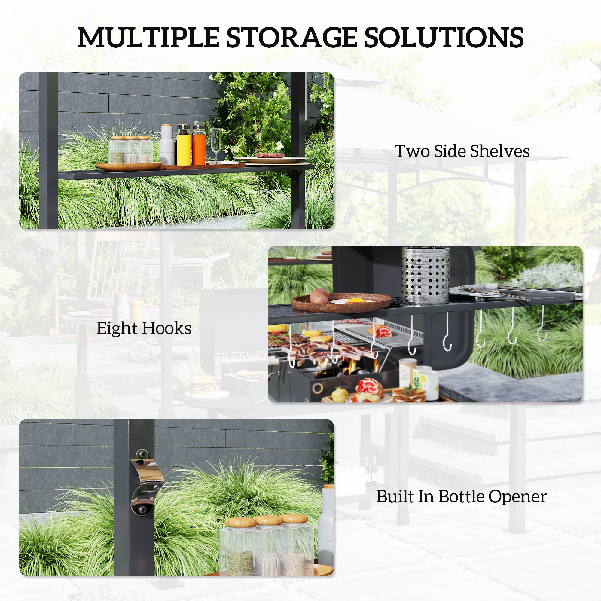 Outsunny 8' x 5' Grill Gazebo, Double Tiered Outdoor BBQ Gazebo Canopy with LED Light, 2 Side Shelves, Hooks and Bottle Opener for Patio, Garden, Backyard, Dark Grey