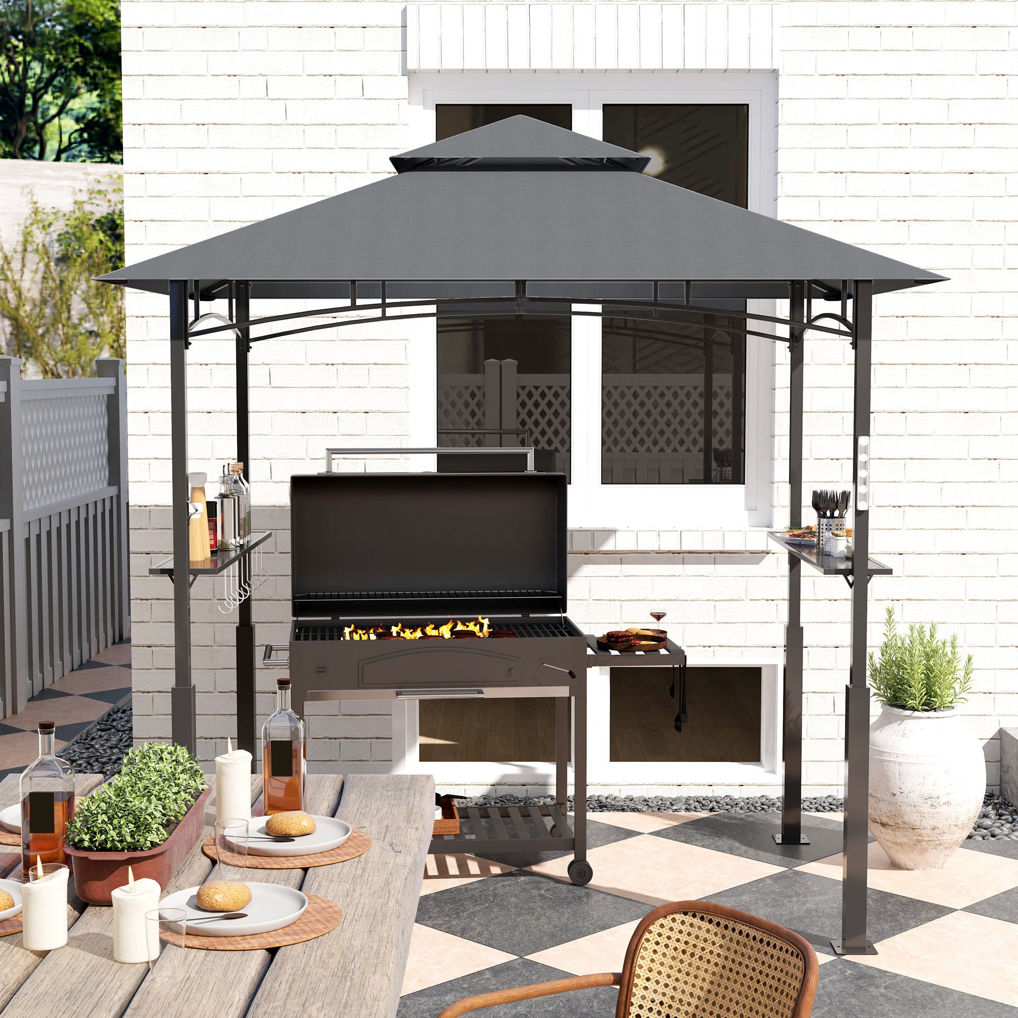 Outsunny 8' x 5' Grill Gazebo, Double Tiered Outdoor BBQ Gazebo Canopy with LED Light, 2 Side Shelves, Hooks and Bottle Opener for Patio, Garden, Backyard, Dark Grey