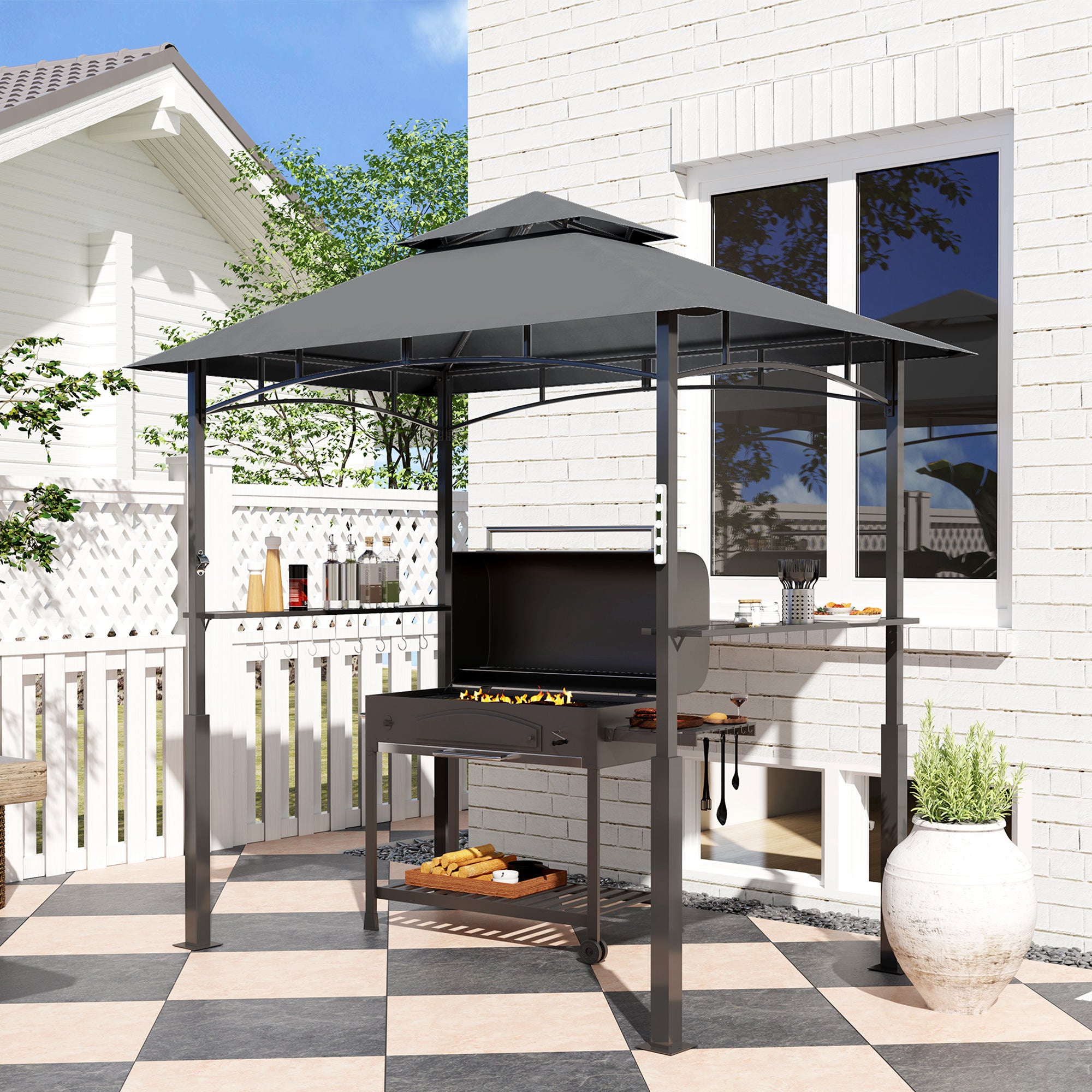 Outsunny 8' x 5' Grill Gazebo, Double Tiered Outdoor BBQ Gazebo Canopy with LED Light, 2 Side Shelves, Hooks and Bottle Opener for Patio, Garden, Backyard, Dark Grey