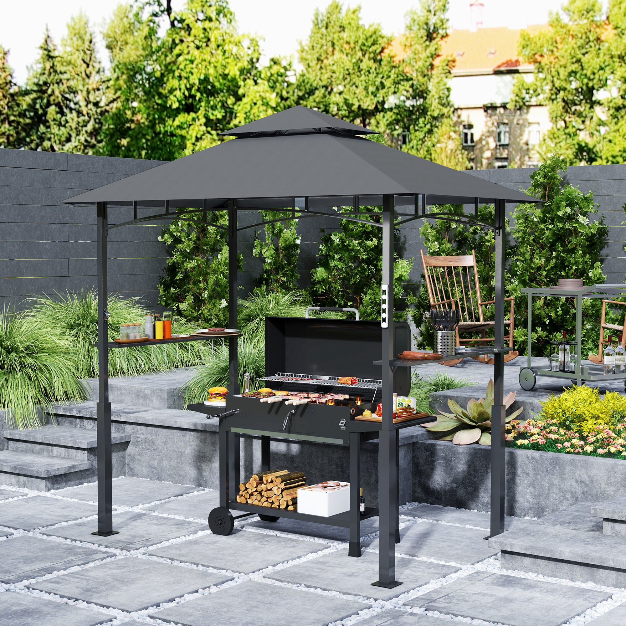 Outsunny 8' x 5' Grill Gazebo, Double Tiered Outdoor BBQ Gazebo Canopy with LED Light, 2 Side Shelves, Hooks and Bottle Opener for Patio, Garden, Backyard, Dark Grey